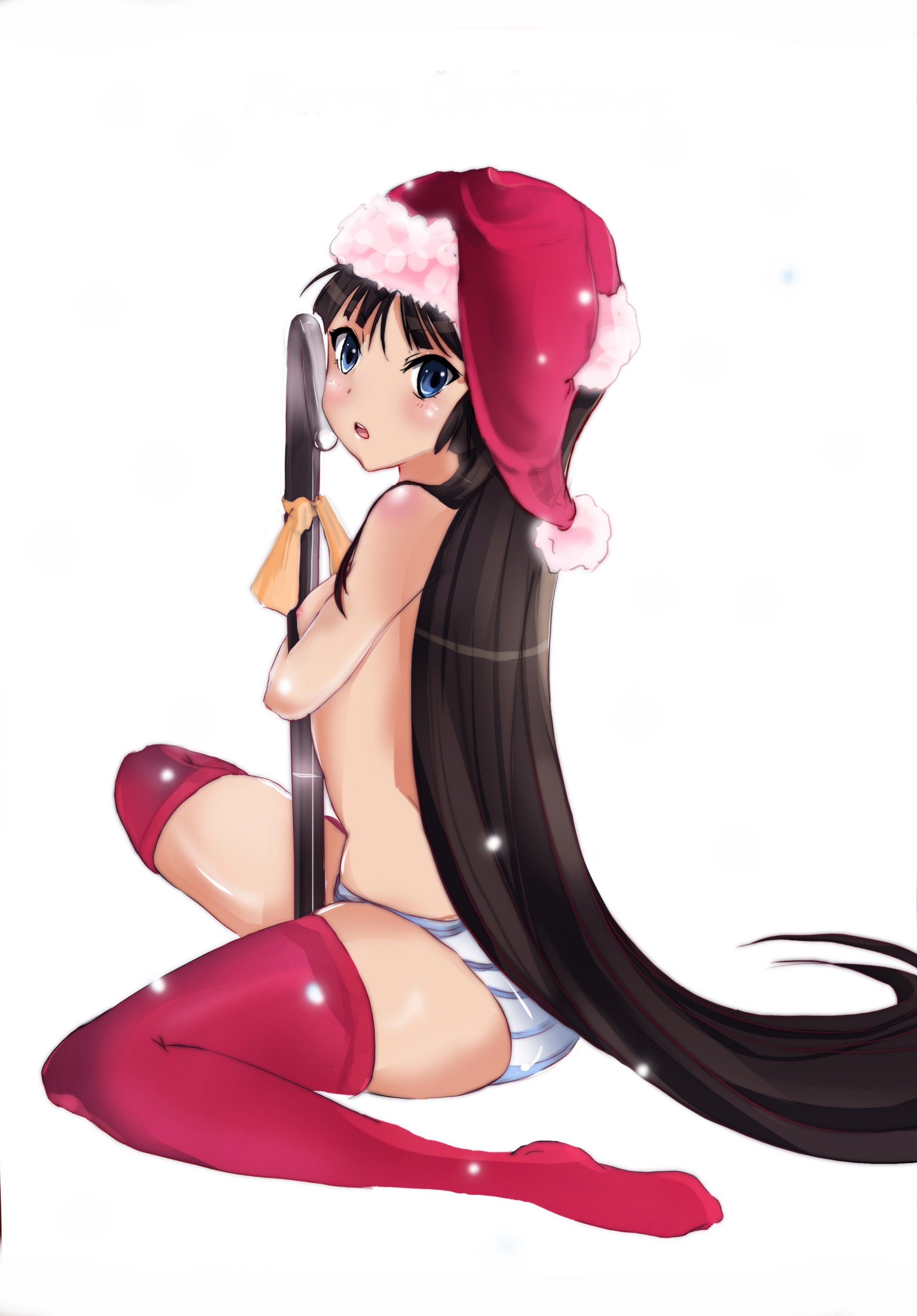 kio sayuki, akiyama mio, k-on!, absurdres, bad id, bad pixiv id, highres, 00s, 1girl, black hair, breasts, christmas, female focus, nipples, panties, small breasts, snow, solo, striped clothes, striped panties, thighhighs, topless female, underwear