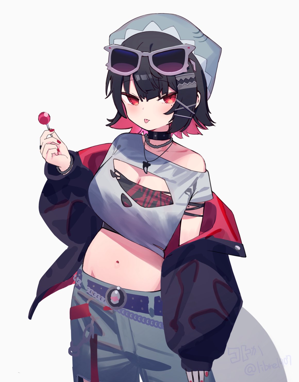 zenshin, ellen joe, zenless zone zero, commentary, highres, symbol-only commentary, 1girl, alternate costume, beanie, belt, black hair, black jacket, blue hat, blue pants, breasts, candy, chain, chain necklace, cleavage cutout, clothing cutout, collar, collarbone, colored inner hair, cowboy shot, crop top, eyewear on head, fins, fish tail, food, hat, holding, holding candy, holding food, holding lollipop, jacket, jacket partially removed, jewelry, large breasts, lollipop, looking at viewer, midriff, multicolored hair, navel, necklace, pants, razor blade hair ornament, red eyes, red nails, ring, shark girl, shark tail, shirt, short hair, simple background, single bare shoulder, solo, sunglasses, tail, tongue, tongue out, white-framed eyewear, white background, white shirt