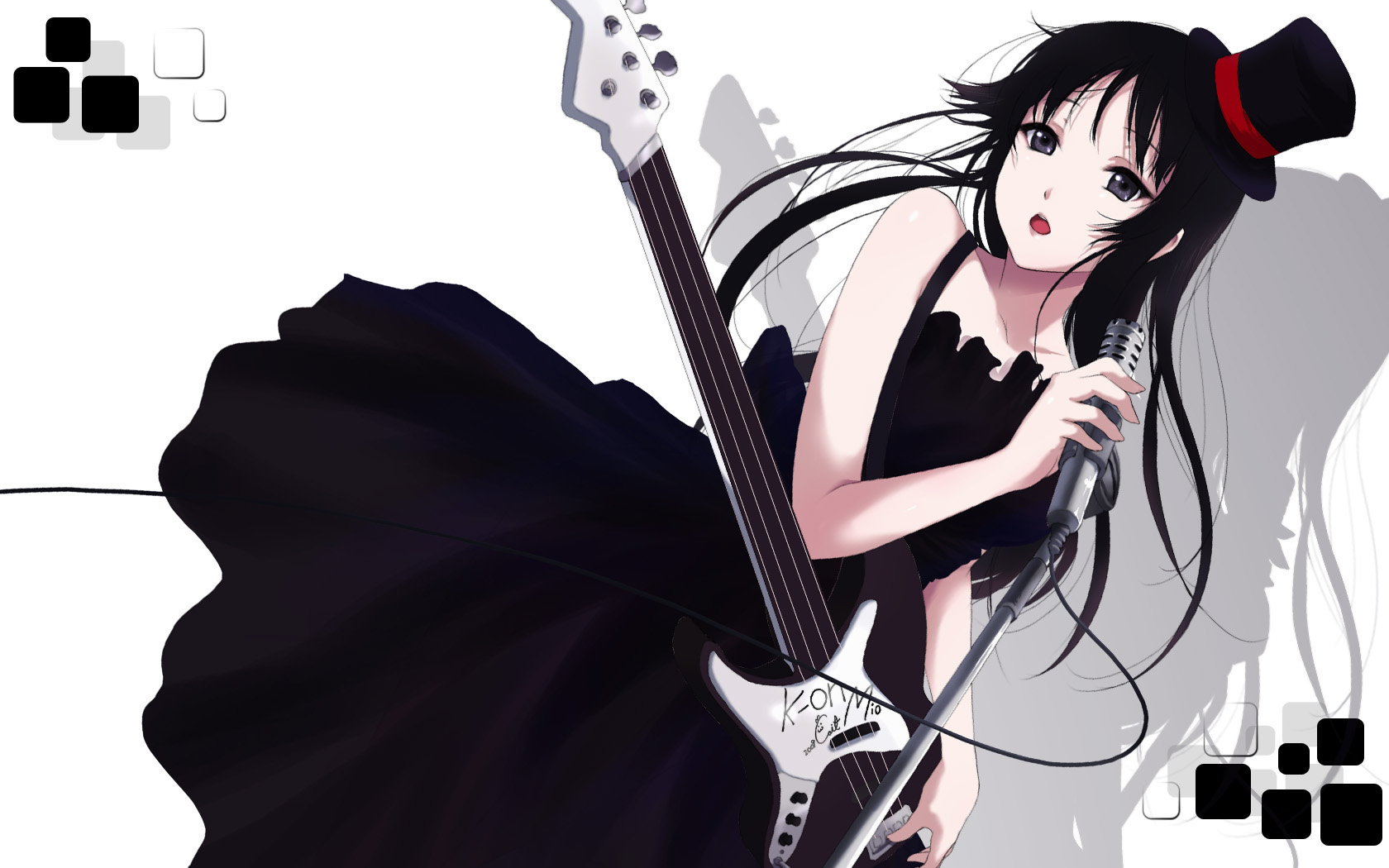 cait aron, akiyama mio, don't say "lazy", k-on!, highres, 00s, 1girl, bass guitar, black hair, dress, female focus, guitar, instrument, microphone, microphone stand, open mouth, solo