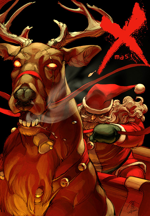 jo chen, santa claus, original, bad id, 1boy, beard, christmas, facial hair, glowing, glowing eyes, hat, horns, male focus, reindeer, santa costume, santa hat, scar, solo, staff, white hair