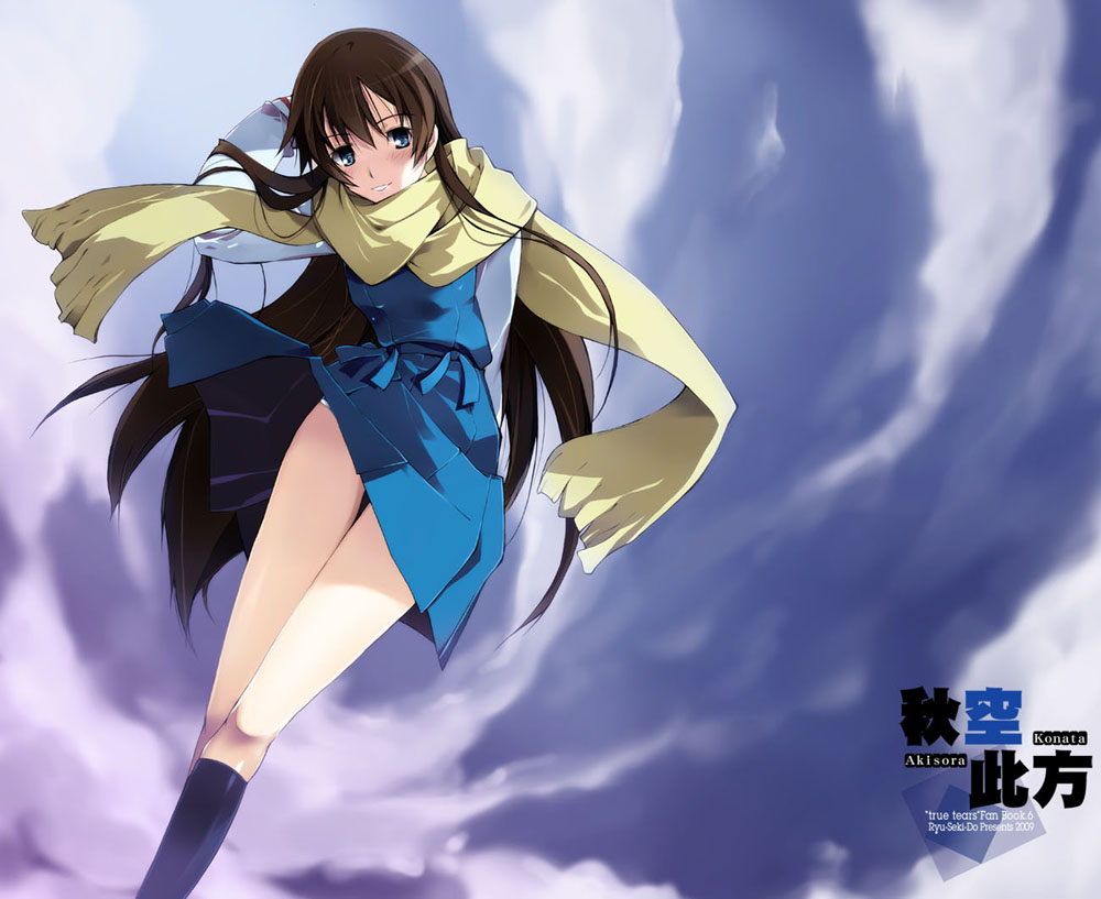 nagare hyougo, yuasa hiromi, true tears, 00s, blue eyes, brown hair, cloud, long hair, panties, scarf, school uniform, solo, underwear