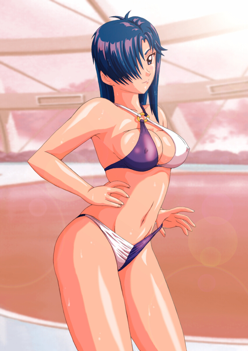 himoo yuina, tokimeki memorial, artist request, highres, source request, tagme, 1girl, adjusting clothes, adjusting swimsuit, bikini, blue eyes, blue hair, breasts, covered erect nipples, female focus, hair over one eye, indoors, solo, swimsuit