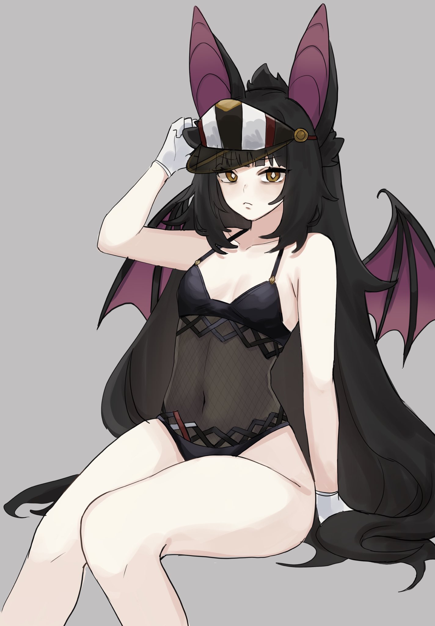 mugripley, moriko kyoho, indie virtual youtuber, highres, 1girl, animal ears, bat ears, bat girl, bat wings, black hair, breasts, gloves, large ears, long hair, navel, one-piece swimsuit, see-through clothes, small breasts, swimsuit, thick thighs, thighs, very long hair, wings, yellow eyes