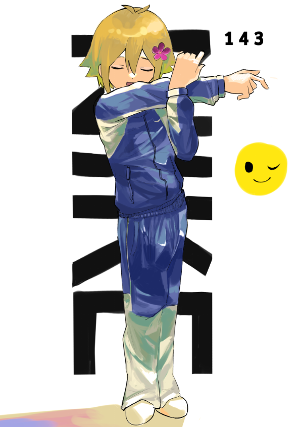 omore47858045, basil (faraway) (omori), basil (omori), omori, copyright request, cosplay request, 1boy, alternate costume, antenna hair, blonde hair, closed eyes, cross-body stretch, double-parted bangs, flower, hair between eyes, hair flower, hair ornament, long sleeves, male focus, pants, shoes, short hair, sidelocks, solo, white background, white shoes