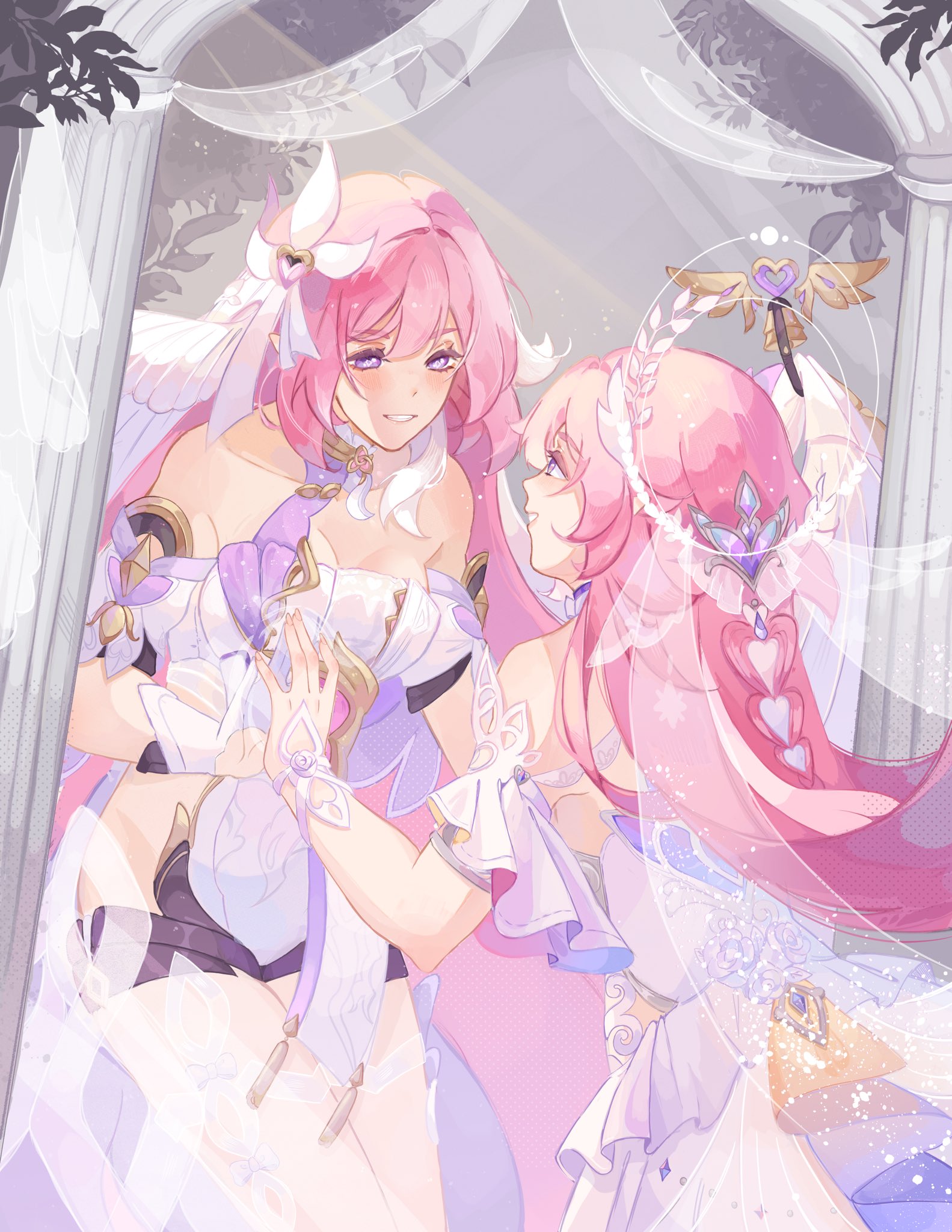 cyrene (demiurge) (honkai: star rail), cyrene (honkai: star rail), elysia (herrscher of human: ego) (honkai impact), elysia (honkai impact), inoue marina, honkai: star rail, honkai (series), honkai impact 3rd, commentary, english commentary, highres, 2girls, bare shoulders, bell, black shorts, breasts, bridal veil, cleavage, company connection, corset, dress, gloves, halo, holding hands, large breasts, long hair, multicolored hair, multiple girls, pink hair, purple eyes, short shorts, shorts, smile, toadseater, triquetra, two-tone hair, veil, very long hair, voice actor connection, white corset, white dress, white gloves, white hair, white veil, yanning