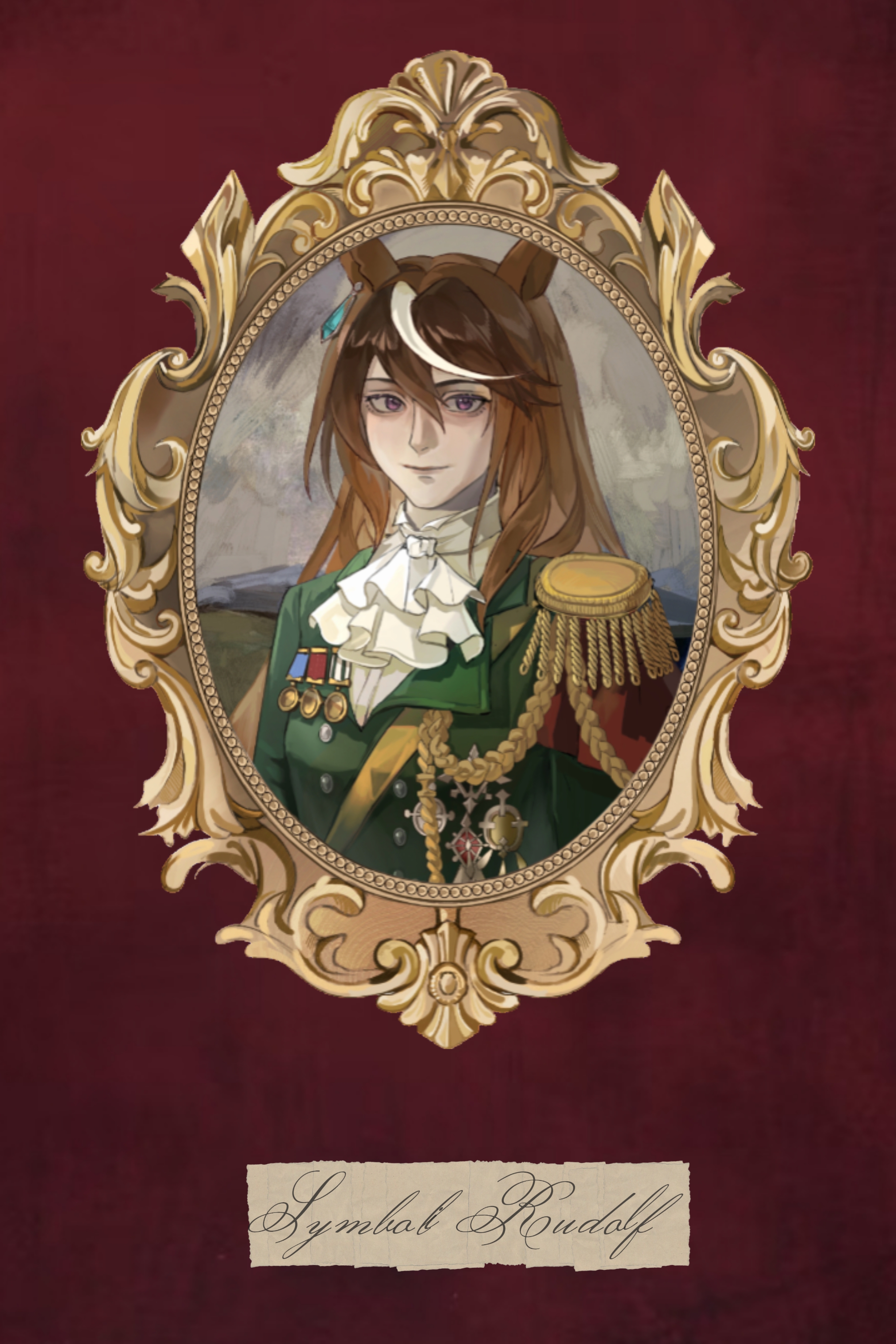 symboli rudolf (emperor's path) (umamusume), symboli rudolf (umamusume), umamusume, absurdres, highres, 1girl, aiguillette, animal ears, ascot, brown hair, character name, closed mouth, cursive, epaulettes, green jacket, hair between eyes, horse ears, horse girl, jacket, long hair, looking at viewer, medal, multicolored hair, picture frame, purple eyes, shirt, single epaulette, solo, streaked hair, two-tone hair, upper body, white ascot, white hair, white shirt, zhang'e reol