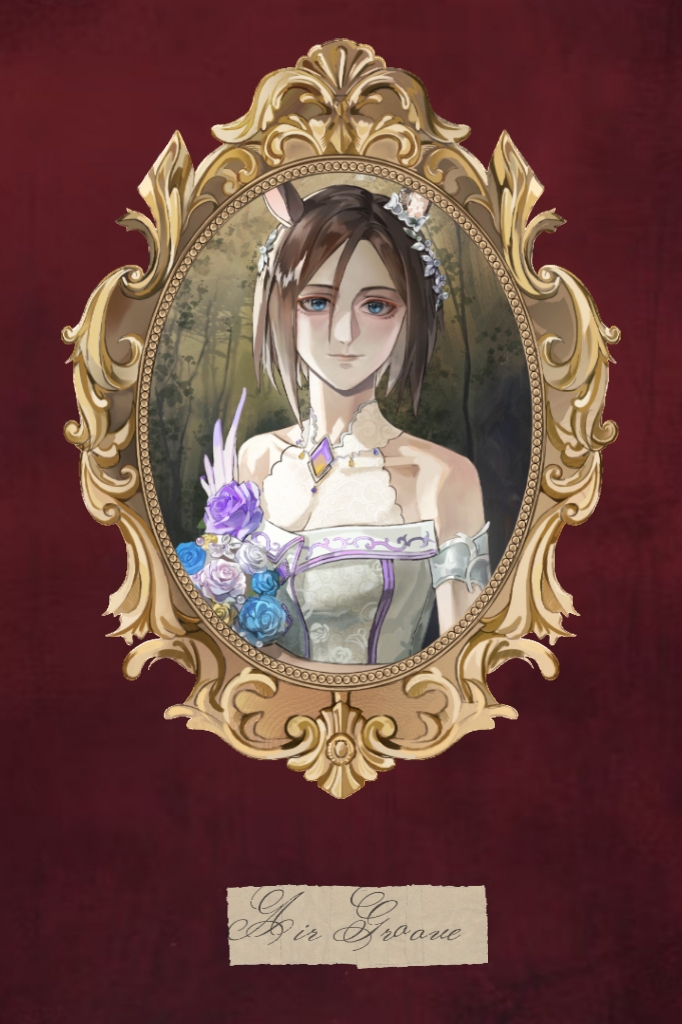 air groove (quercus civilis) (umamusume), air groove (umamusume), umamusume, 1girl, animal ears, bare shoulders, blue eyes, blue flower, blue rose, breasts, brown hair, character name, cleavage, closed mouth, collarbone, cursive, dress, ear ornament, flower, hair between eyes, hair ornament, horse ears, horse girl, looking at viewer, picture frame, purple flower, purple rose, rose, short hair, sleeveless, sleeveless dress, solo, upper body, white dress, white flower, white rose, zhang'e reol