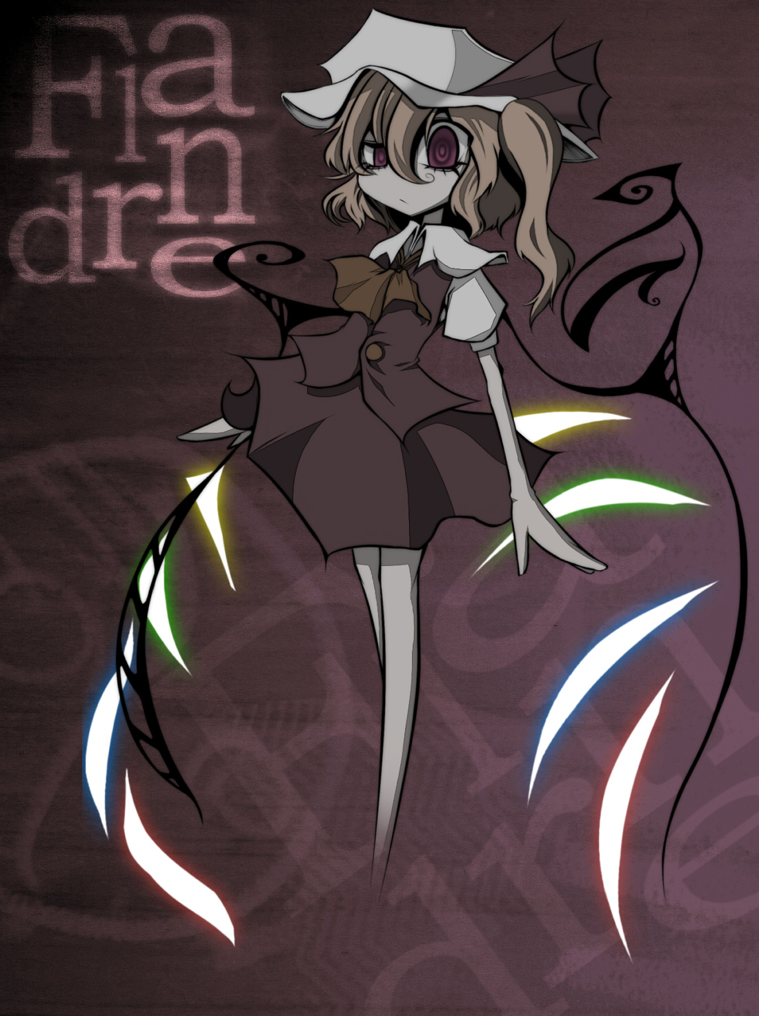 konohana saku, flandre scarlet, touhou, highres, 1girl, blouse, collared shirt, female focus, hair between eyes, hat, monochrome, red background, red eyes, ribbon, shirt, solo, spot color, standing, white hat, white shirt