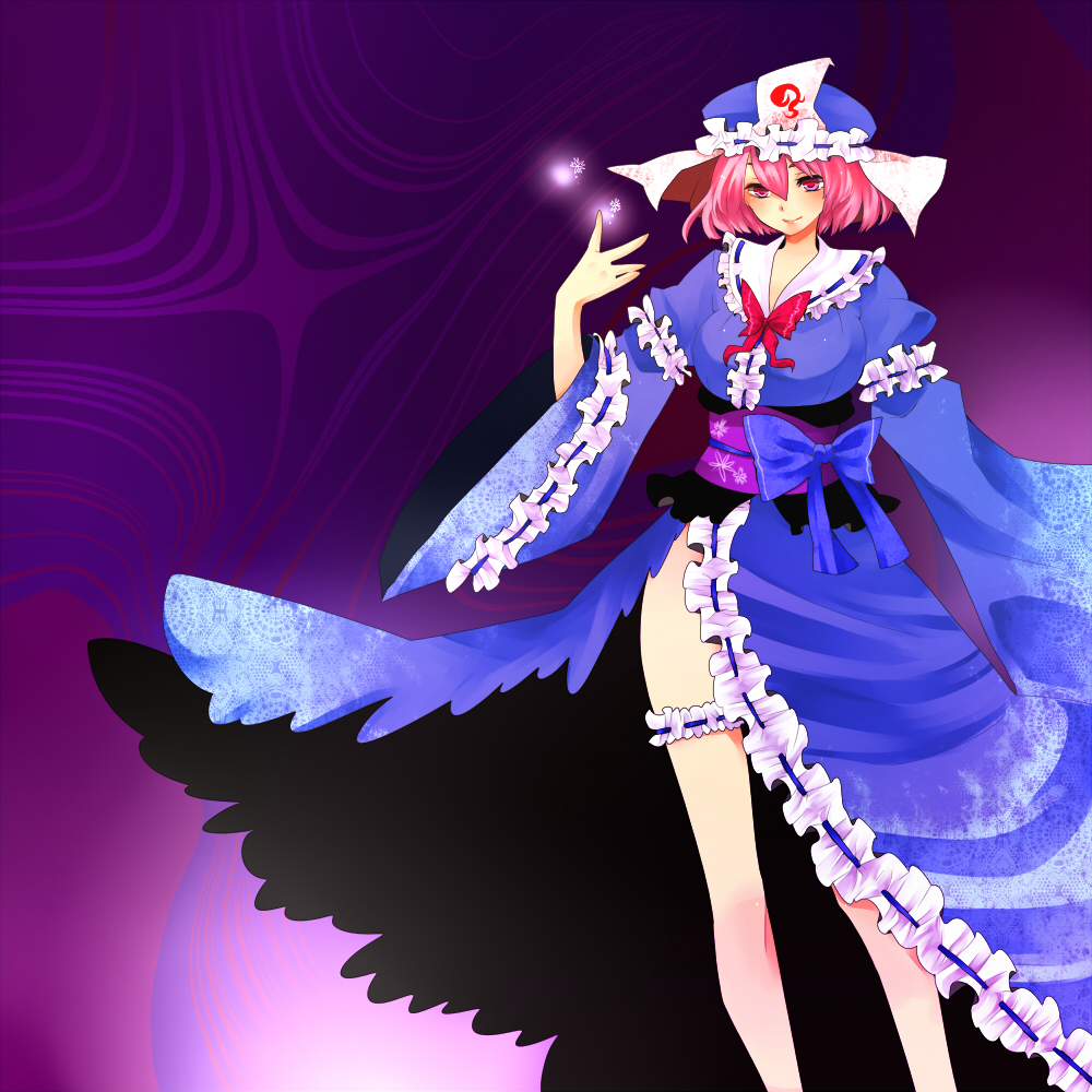 yutazou, saigyouji yuyuko, touhou, bad id, bad pixiv id, 1girl, bow, bowtie, female focus, frilled thigh strap, hat, japanese clothes, kimono, large bow, legs, light smile, long legs, magic, obi, pink eyes, pink hair, ribbon, sash, short hair, side slit, solo, standing, thigh strap, thighs