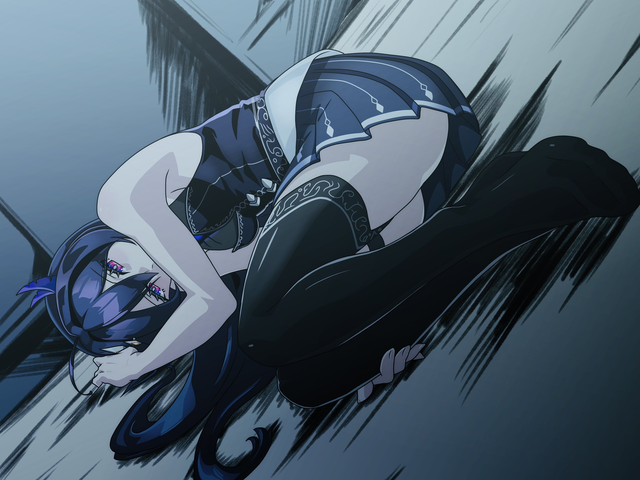 zeke (analogmon), duel masters, duel masters play's, highres, 1girl, black shirt, black skirt, black thighhighs, covered mouth, dutch angle, hair between eyes, hair ornament, long hair, lying, noin (duel masters), on side, purple eyes, purple hair, shirt, skirt, solo, thighhighs