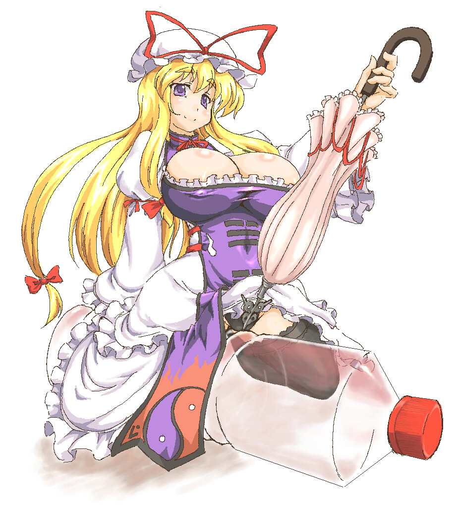 lute (apocalypselibrary), yakumo yukari, touhou, 1girl, black panties, black thighhighs, blonde hair, bottle, breasts, bursting breasts, cleavage, closed umbrella, clothes lift, covered erect nipples, curvy, dress, dress lift, female focus, frilled thighhighs, frills, garter straps, huge breasts, lingerie, looking at viewer, oekaki, panties, sexually suggestive, simple background, smile, solo, straddling, tabard, thighhighs, thighs, umbrella, underwear, water bottle, white background, wide hips