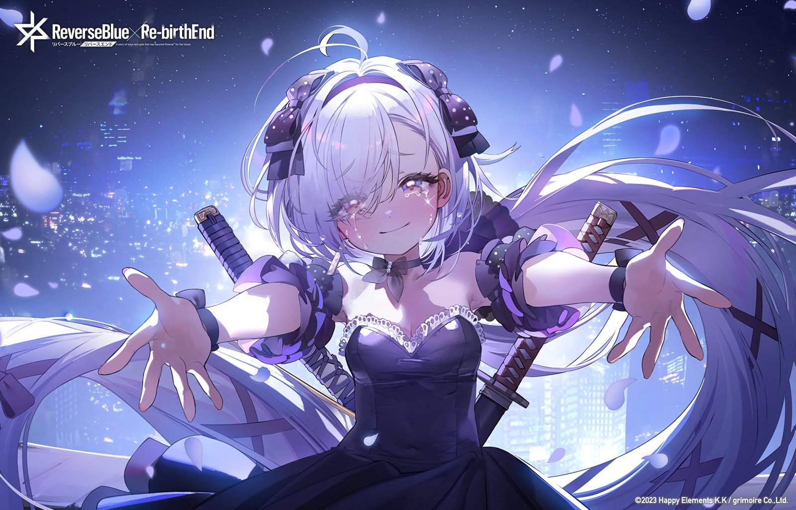 namyo, reverseblue x re-birthend, character request, highres, second-party source, 1girl, ahoge, black bow, black dress, black ribbon, bow, breasts, closed mouth, copyright name, copyright notice, dress, falling petals, hair bow, hair ribbon, long hair, neck ribbon, petals, reaching, reaching towards viewer, ribbon, solo, sword, tears, weapon, weapon on back, white hair, wrist ribbon