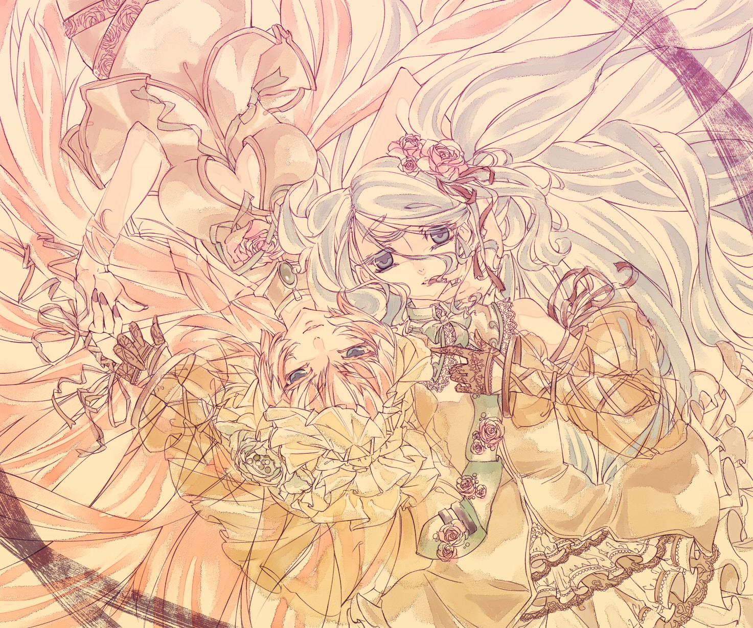 nomiti tsumugi, tsumugi (soraki), hatsune miku, megurine luka, vocaloid, bad id, bad pixiv id, highres, 2girls, blue eyes, blue hair, bonnet, breasts, cleavage, dress, flower, frills, gloves, hair flower, hair ornament, large breasts, long hair, multiple girls, navel, necktie, pink hair, ribbon, rose, sepia, smile, twintails, very long hair