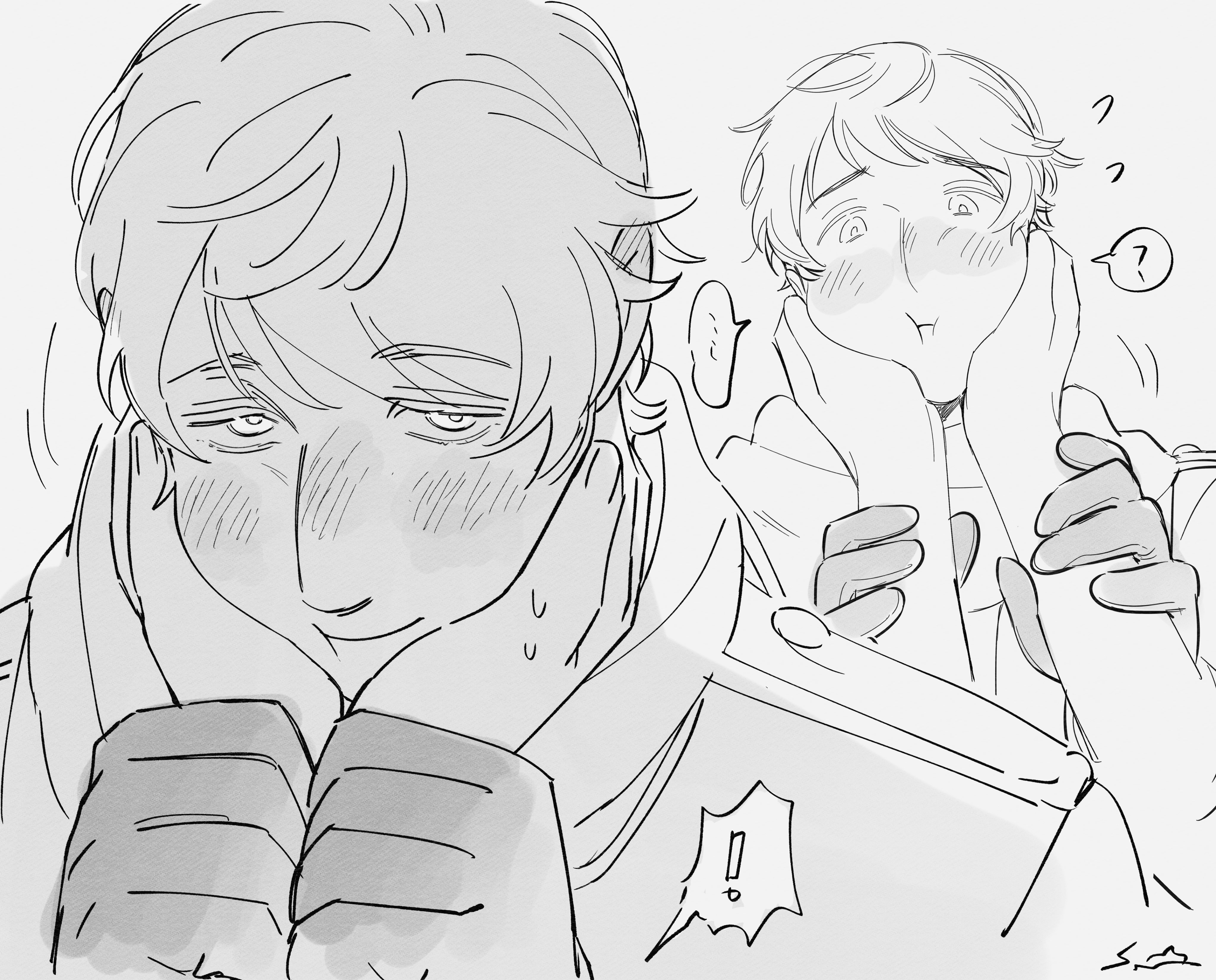 qia li, russia (hetalia), axis powers hetalia, absurdres, commentary, highres, symbol-only commentary, !, …, 1boy, 1other, ?, blush, closed mouth, coat, flying sweatdrops, gloves, greyscale, hair between eyes, half-closed eyes, hands on another's face, hands up, holding another's wrist, looking at viewer, male focus, monochrome, multiple views, other with male, scarf, short hair, signature, simple background, smile, solo focus, speech bubble, spoken ellipsis, spoken exclamation mark, spoken question mark, upper body