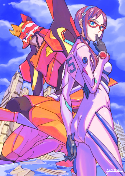 yonezawa mao, makinami mari illustrious, neon genesis evangelion, rebuild of evangelion, bad id, bad pixiv id, 00s, aqua eyes, ass, brown hair, glasses, long hair, looking back, mecha, mecha pilot suit, plugsuit (evangelion), robot, twintails