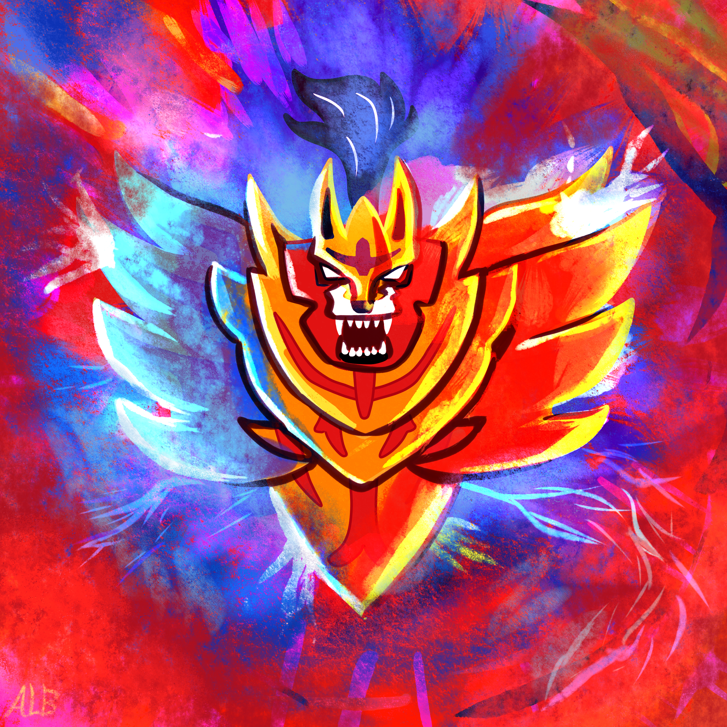 zamazenta, zamazenta (crowned), nintendo, pokemon, absurdres, commentary, english commentary, highres, amber-l-b, animal focus, empty eyes, fangs, gen 8 pokemon, legendary pokemon, no humans, open mouth, pokemon (creature), pokemon focus, sharp teeth, solo, straight-on, teeth, v-shaped eyes