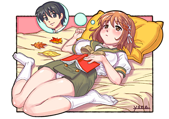 yonezawa mao, sakai yuuji, yoshida kazumi, shakugan no shana, 00s, 1boy, 1girl, bed, blush, breasts, brown eyes, brown hair, feet, hair ornament, hairclip, head on pillow, imagining, knees together feet apart, large breasts, leaf, legs, lying, panties, pantyshot, pillow, school uniform, short hair, skirt, socks, thinking, underwear, upskirt