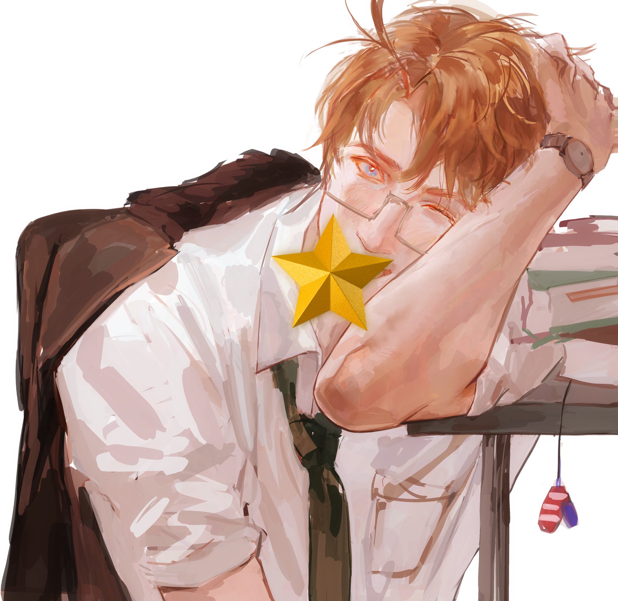 cmesl (lin2932), america (hetalia), axis powers hetalia, highres, 1boy, ahoge, black necktie, blue eyes, blush, book, book stack, breast pocket, brown hair, brown jacket, charm (object), collared shirt, fur-trimmed jacket, fur trim, glasses, grey-framed eyewear, hair between eyes, hand on own head, hand up, jacket, lapels, looking at viewer, male focus, necktie, one eye closed, open clothes, open jacket, open mouth, pocket, semi-rimless eyewear, shirt, short hair, short sleeves, simple background, smile, solo, star (symbol), table, teeth, upper body, watch, white background, white shirt, wristwatch