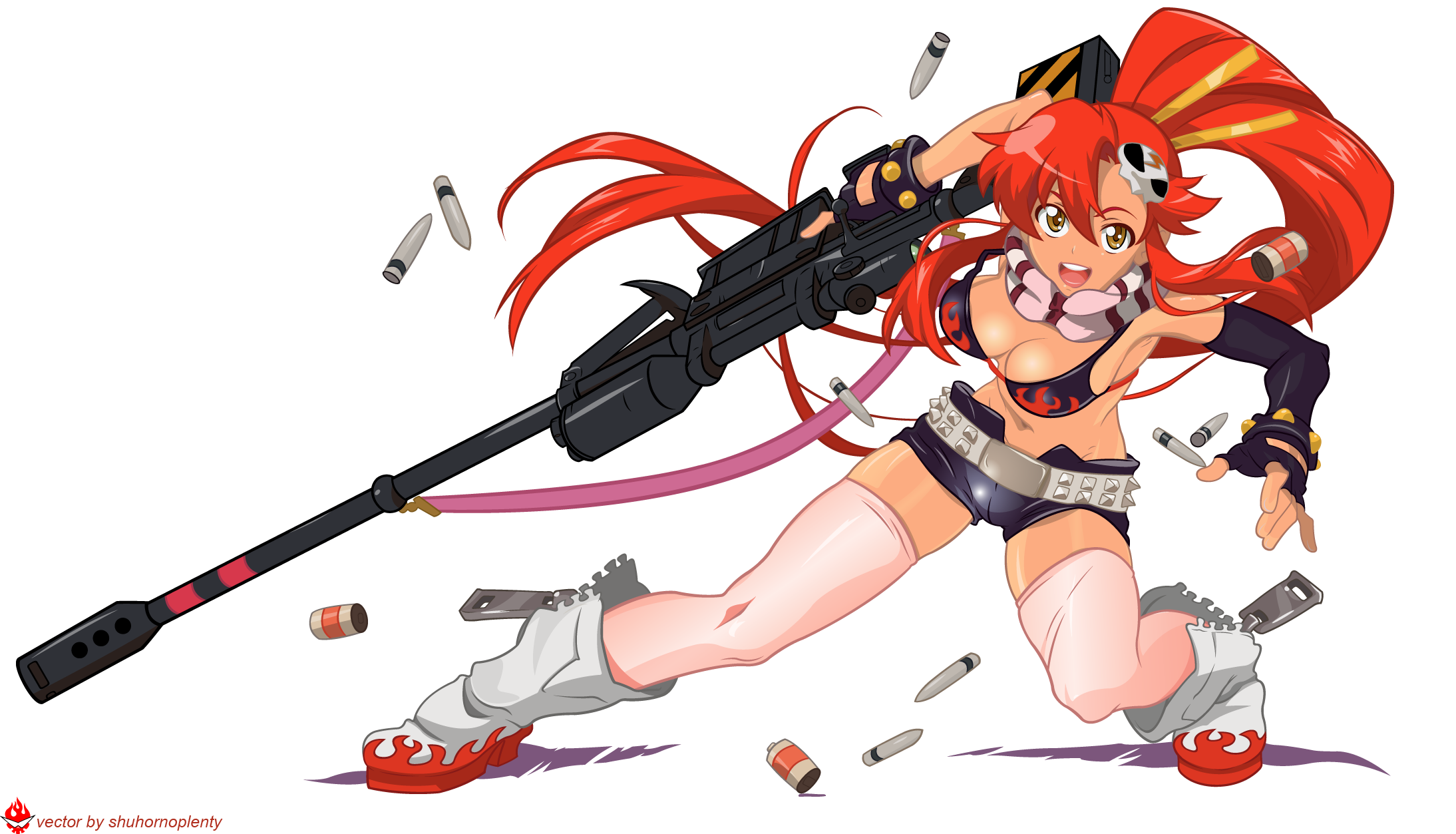 nishigori atsushi, yoko littner, tengen toppa gurren lagann, derivative work, highres, vector trace, 00s, 1girl, anti-materiel rifle, bikini, bikini top only, boots, breasts, bullet, cleavage, elbow gloves, female focus, gloves, gun, large breasts, legs, long hair, ponytail, red hair, rifle, scarf, short shorts, shorts, sniper rifle, solo, swimsuit, thighhighs, transparent background, watermark, weapon, yellow eyes