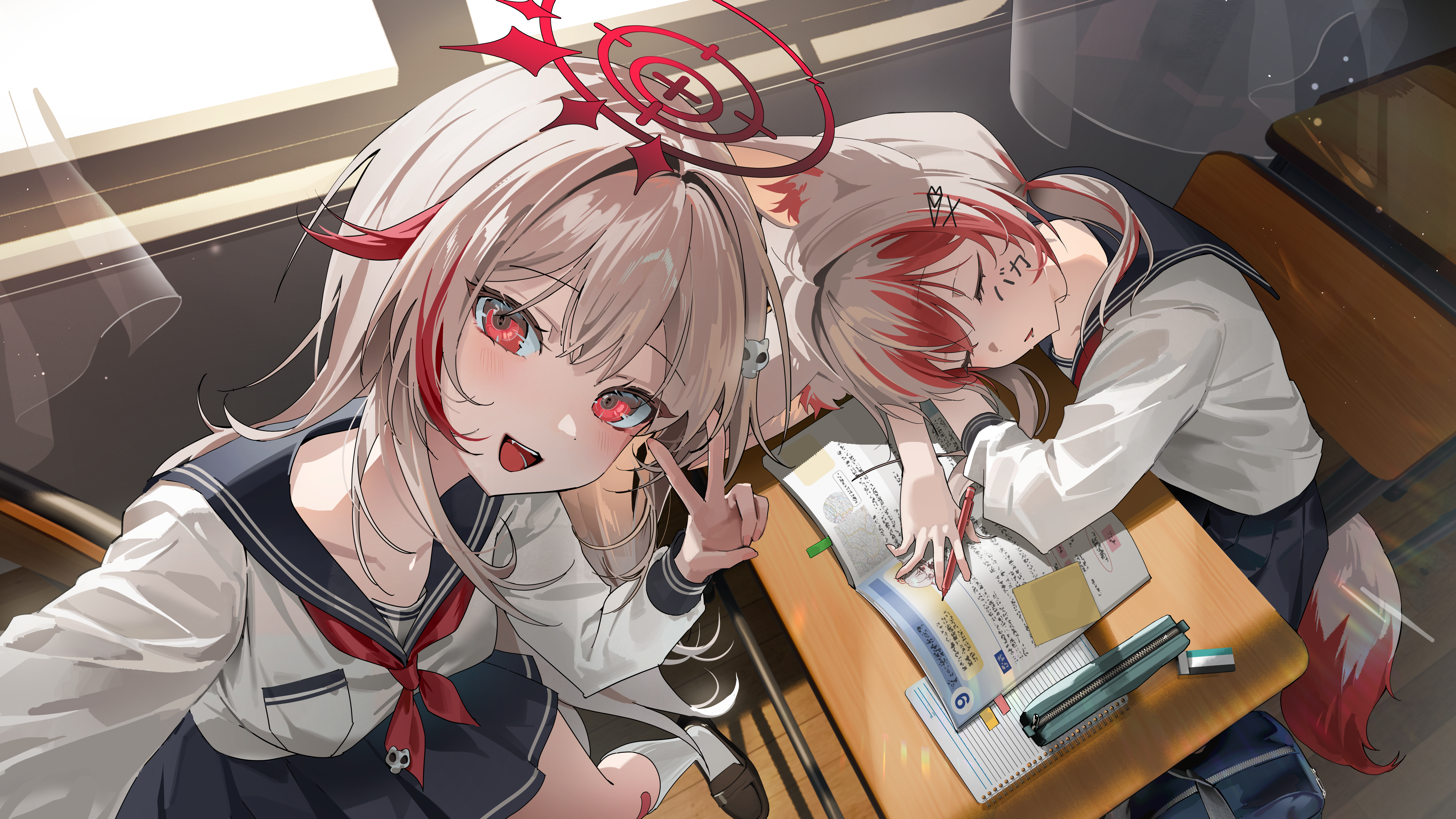 chii (chiiriring), dtto., syusetu kohaku, reject (esports), vee (vtuber), absurdres, commentary, highres, 2girls, animal ears, blue sailor collar, blue skirt, book, chair, classroom, closed eyes, desk, drawing on another's face, eraser, fox ears, fox girl, fox tail, hair between eyes, hair ornament, halo, holding, holding pencil, indoors, long sleeves, looking at viewer, mechanical pencil, multicolored hair, multiple girls, notebook, open mouth, pencil, pencil case, pleated skirt, red hair, red halo, ribbon, sailor collar, sailor shirt, school chair, school desk, school uniform, selfie, serafuku, shirt, sitting, skirt, skull hair ornament, sleeping, sleeping on desk, smile, streaked hair, tail, v, virtual youtuber, white hair, white shirt, window, winter uniform