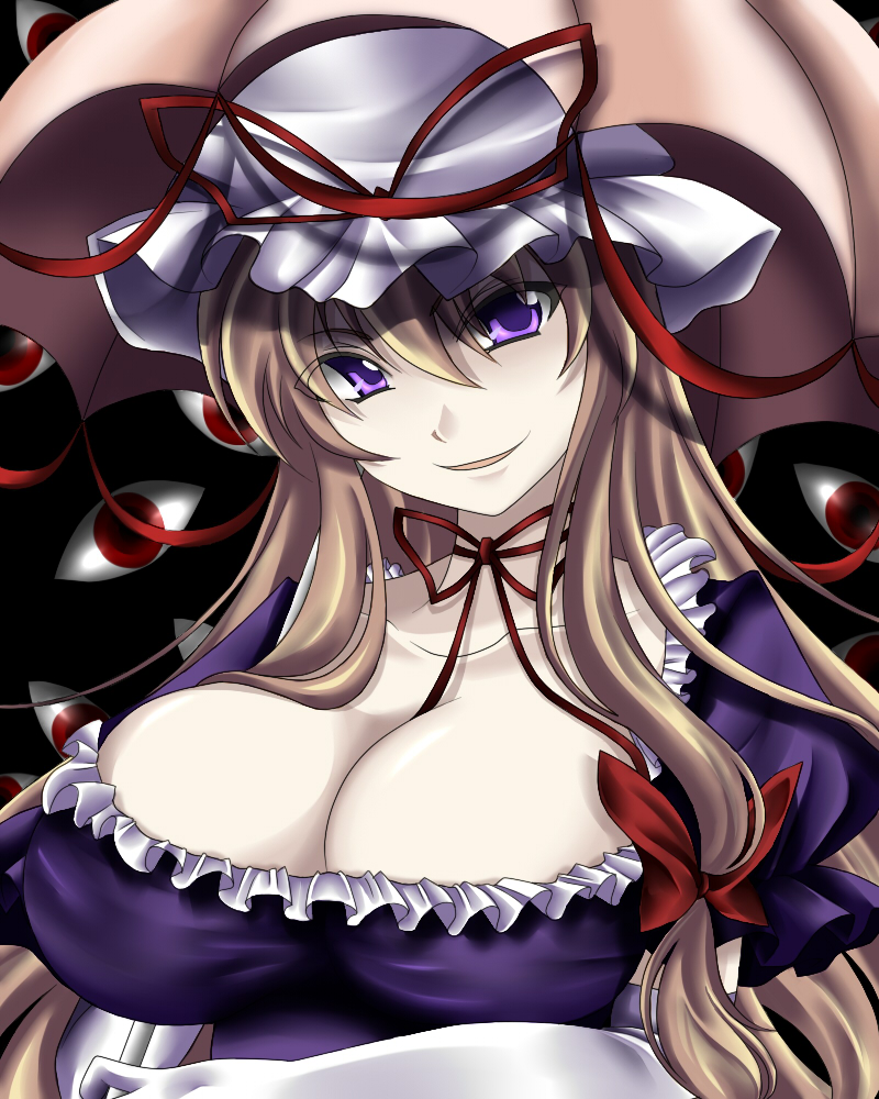 hal (goshujinomocha), hal (haruna), yakumo yukari, touhou, 1girl, breasts, female focus, hat, huge breasts, purple eyes, ribbon, solo, umbrella