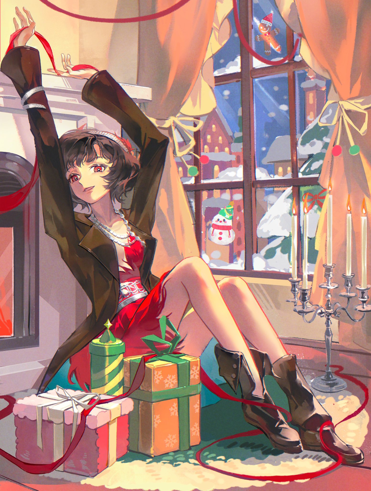 schneider (reverse:1999), reverse:1999, highres, 1girl, :d, arms up, black boots, black coat, black hair, boots, box, candle, candlestand, carpet, coat, curtains, dress, feather dress, feather hair ornament, feathers, fireplace, full body, gift, gift box, hair ornament, hairband, house, hydrogen fish, indoors, jewelry, looking at viewer, necklace, night, on ground, open mouth, red dress, red eyes, short dress, short hair, sitting, smile, snow, solo, tree, white hairband, window