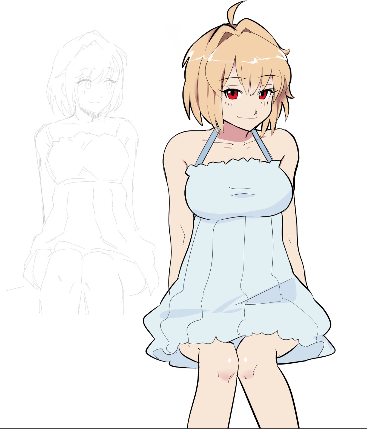 arcueid brunestud, tsukihime, highres, redrawn, 1girl, ahoge, arms behind back, blonde hair, blue dress, blush, breasts, dress, hair intakes, large breasts, looking at viewer, lovemaid22, red eyes, short hair, sitting, smile, solo, spaghetti strap, strap, white background