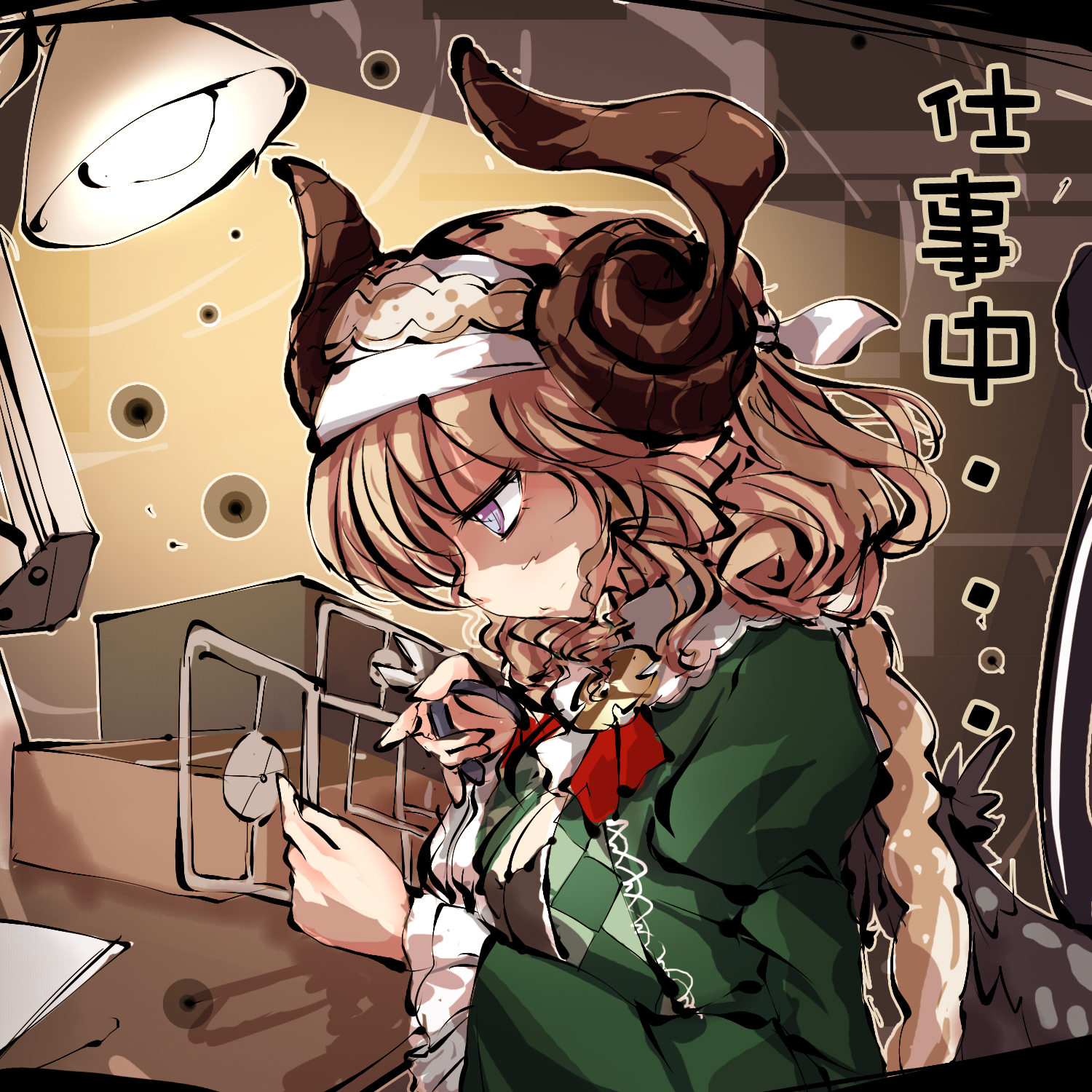 ms06s, character request, commentary request, highres, official art, 1girl, black wings, blush, breasts, closed mouth, collared shirt, curled horns, desk, feathered wings, from side, green jacket, hair between eyes, headband, himegami kagura, horns, indoors, jacket, jitome, large breasts, long sleeves, looking down, night, profile, puffy sleeves, purple eyes, red ribbon, ribbon, shirt, sitting, solo, wavy hair, wide sleeves, wings