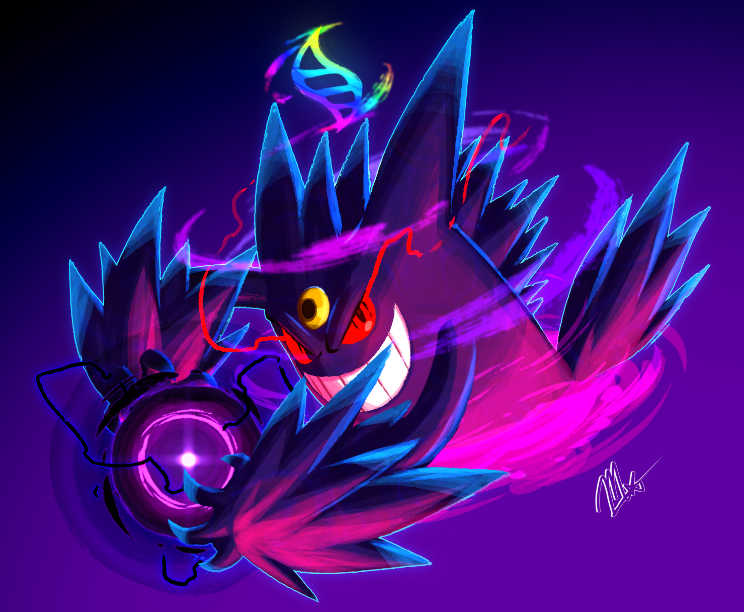 milesmxgt, gengar, mega gengar, nintendo, pokemon, commentary, english commentary, highres, colored sclera, energy ball, eye trail, gen 1 pokemon, grin, light trail, mega evolution symbol, mega pokemon, no humans, pokemon (creature), pokemon focus, pokemon move, purple background, red eyes, red sclera, shadow ball (pokemon), signature, smile, solo, teeth, third eye, v-shaped eyes
