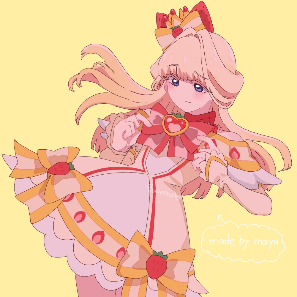 flowerin riga, cure nyammy, nekoyashiki yuki, precure, wonderful precure!, alt text, commentary, 1girl, adapted costume, arm warmers, artist name, bare shoulders, blonde hair, blunt bangs, blush, bow, bow hairband, brooch, chest bow, choker, closed mouth, cosplay, cowboy shot, crown, cure nyammy (cosplay), dress, dress bow, english text, food-themed hair ornament, food print, frilled arm warmers, frilled dress, frills, fruit print, gold crown, hair ornament, hairband, half updo, heart, heart brooch, jewelry, long hair, looking down, magical girl, medium dress, mini crown, multicolored bow, off-shoulder dress, off shoulder, petticoat, print dress, raised eyebrow, red bow, self cosplay, simple background, smile, solo, strawberry brooch, strawberry hair ornament, strawberry ornament, strawberry print, striped bow, tilted headwear, yellow arm warmers, yellow background, yellow bow, yellow dress, yellow theme