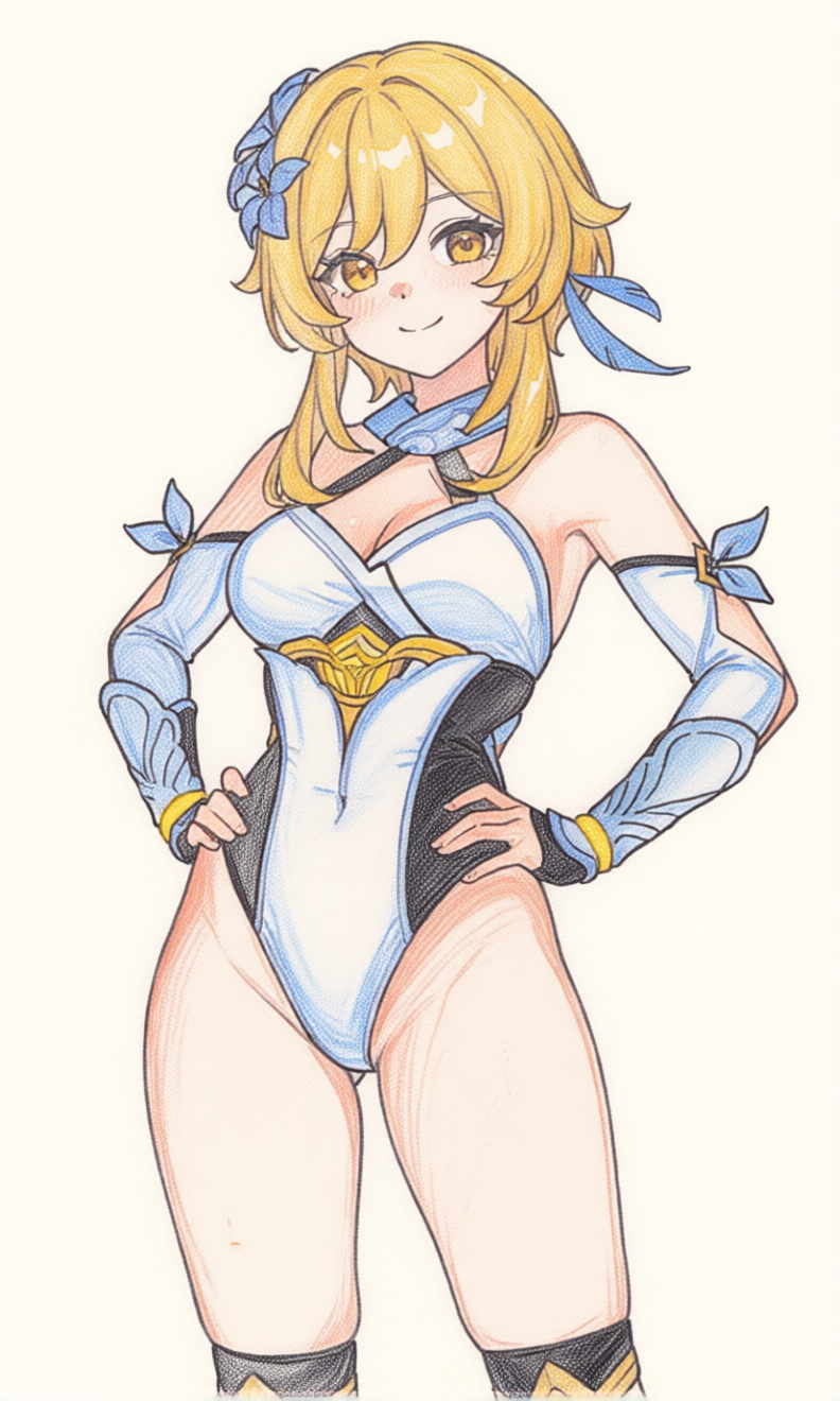 lumine (genshin impact), genshin impact, highres, traditional media, 1girl, alternate costume, blonde hair, breasts, cleavage, covered navel, curvy, fingerless gloves, gloves, hands on own hips, large breasts, legs, leotard, looking at viewer, short hair, smile, solo, thick thighs, thighs, wrestling outfit, yellow eyes