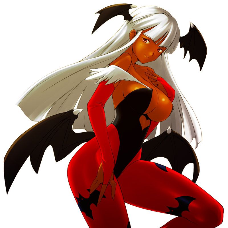 morrigan aensland, capcom, darkstalkers, breasts, cleavage, dark skin, demon girl, large breasts, pantyhose, red eyes, smile, white hair, wings