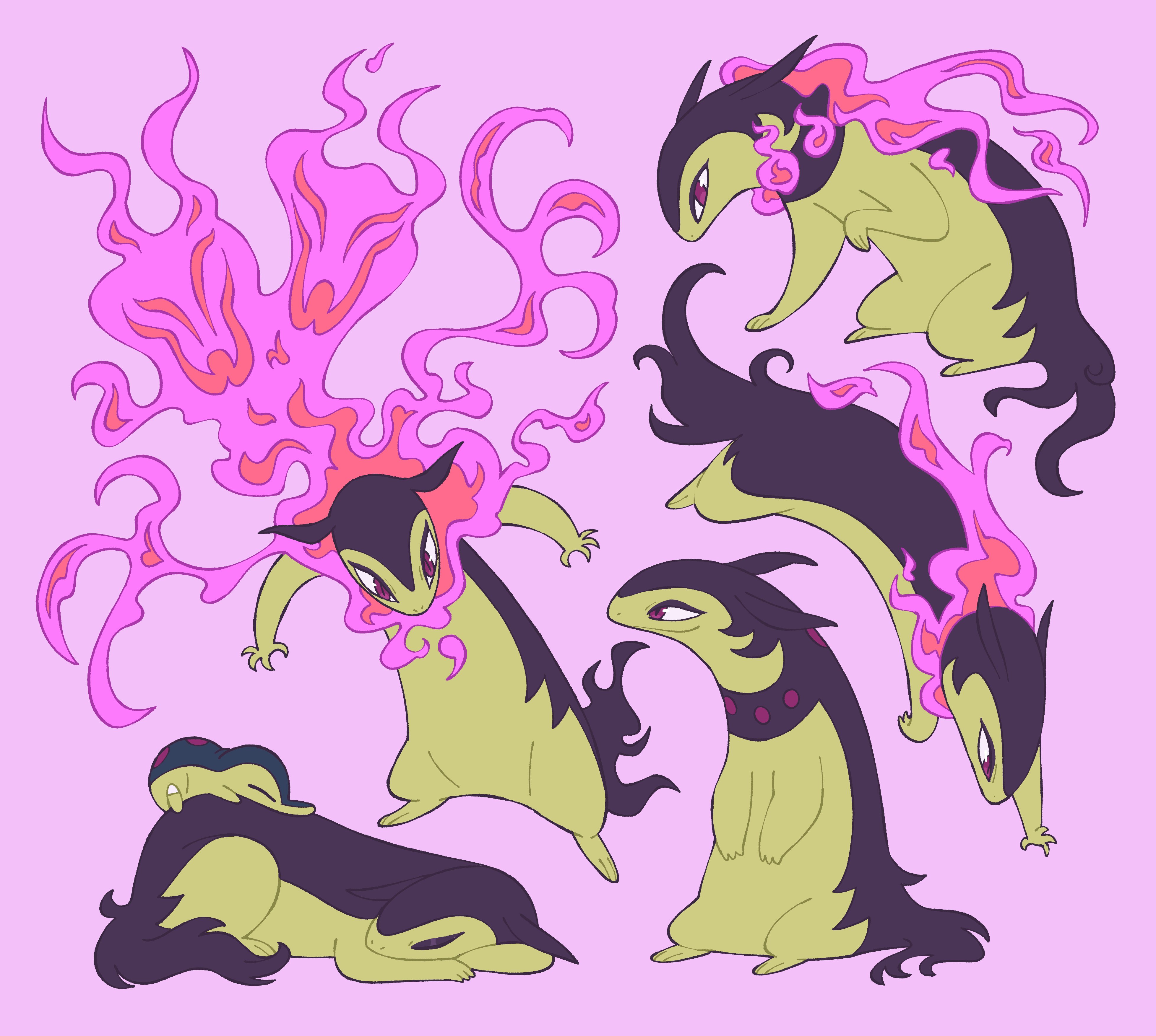 doodlelotl, cyndaquil, hisuian typhlosion, nintendo, pokemon, absurdres, commentary, english commentary, highres, closed eyes, closed mouth, fire, gen 2 pokemon, lying, no humans, pink background, pink fire, pokemon (creature), pokemon focus, red eyes, sleeping, smile