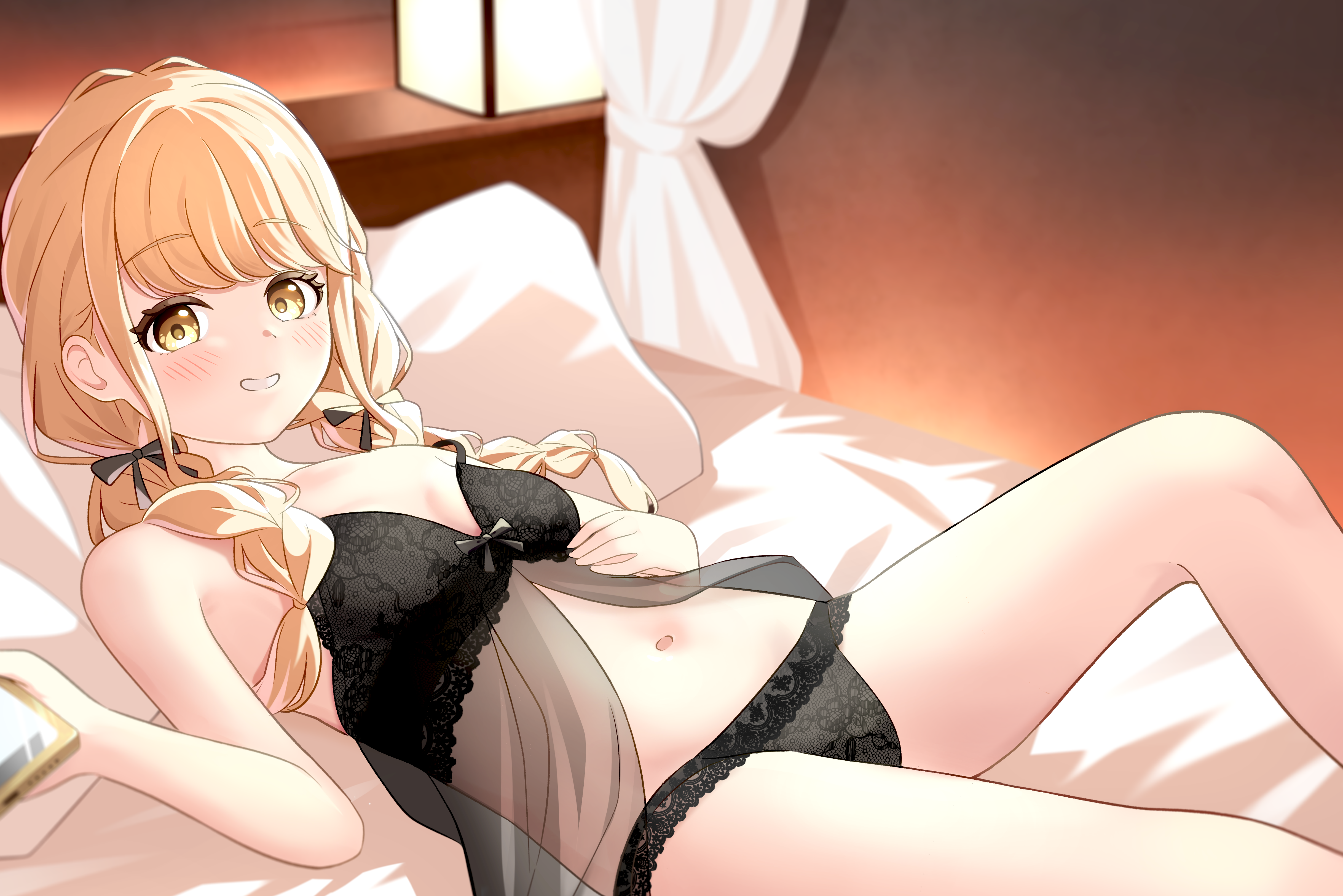 akatsuki (artakatuki), fujita kotone, gakuen idolmaster, idolmaster, absurdres, commentary, highres, 1girl, babydoll, bare legs, black babydoll, blonde hair, blush, braid, breasts, feet out of frame, holding, holding phone, indoors, looking at viewer, lying, navel, phone, small breasts, smile, solo, stomach, twin braids, underwear, underwear only, yellow eyes