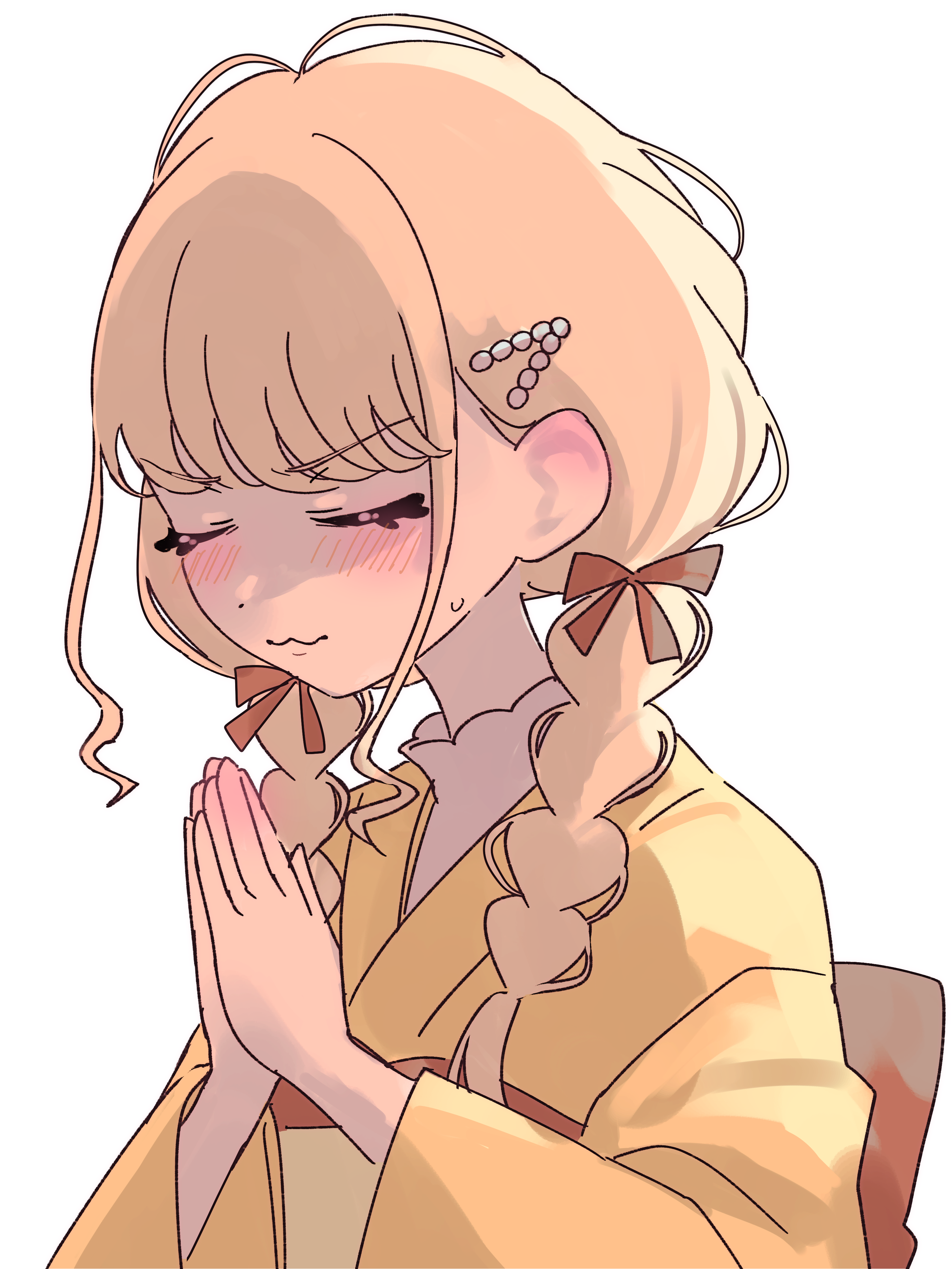 kanipoposu, fujita kotone, gakuen idolmaster, idolmaster, absurdres, commentary request, highres, 1girl, :3, blonde hair, blush, braid, closed eyes, japanese clothes, kimono, long hair, own hands together, palms together, praying, simple background, solo, sweatdrop, twin braids, upper body, white background, yellow kimono