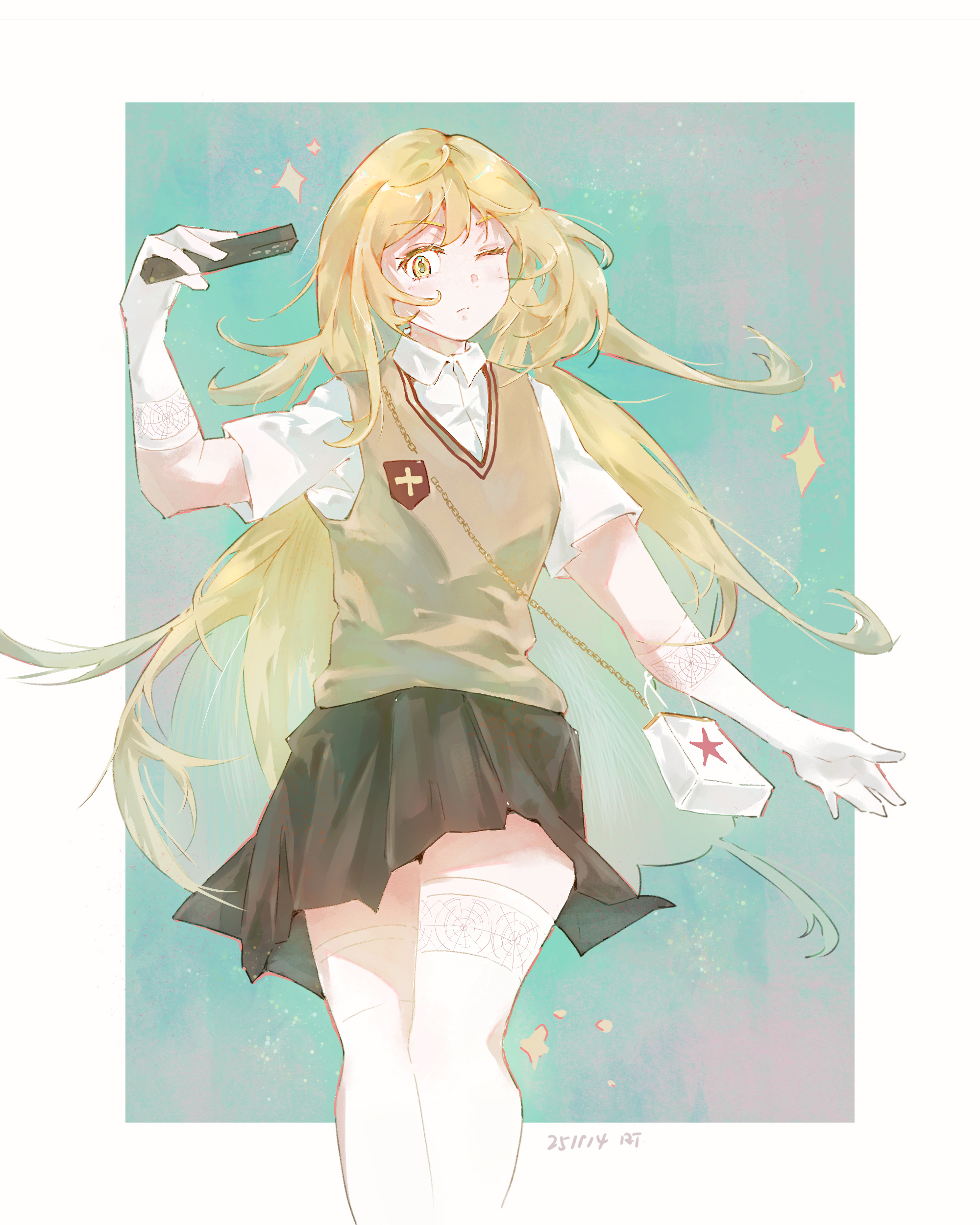 gensou getsumen rt, shokuhou misaki, toaru kagaku no railgun, toaru majutsu no index, absurdres, commentary, english commentary, highres, 1girl, aqua background, arm up, bag, black skirt, blonde hair, border, brown sweater vest, closed mouth, collared shirt, controller, facing viewer, gloves, handbag, holding, holding controller, holding remote control, long hair, looking at viewer, one eye closed, outside border, remote control, school uniform, shirt, short sleeves, simple background, skirt, solo, spider web print, summer uniform, sweater vest, thighhighs, tokiwadai school uniform, very long hair, white bag, white border, white gloves, white shirt, white thighhighs, yellow eyes