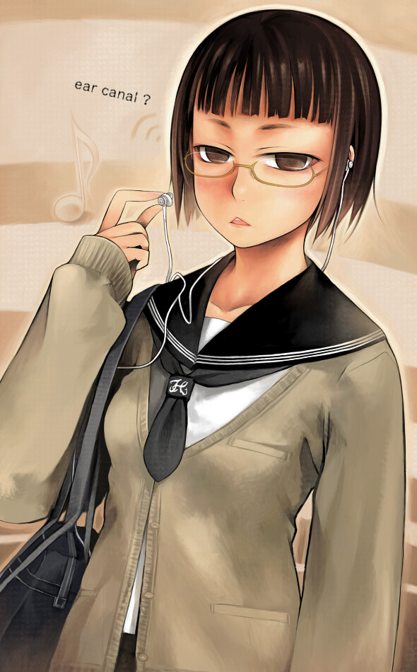 kunichika, original, 1girl, brown hair, earphones, english text, female focus, glasses, musical note, school uniform, short hair, solo