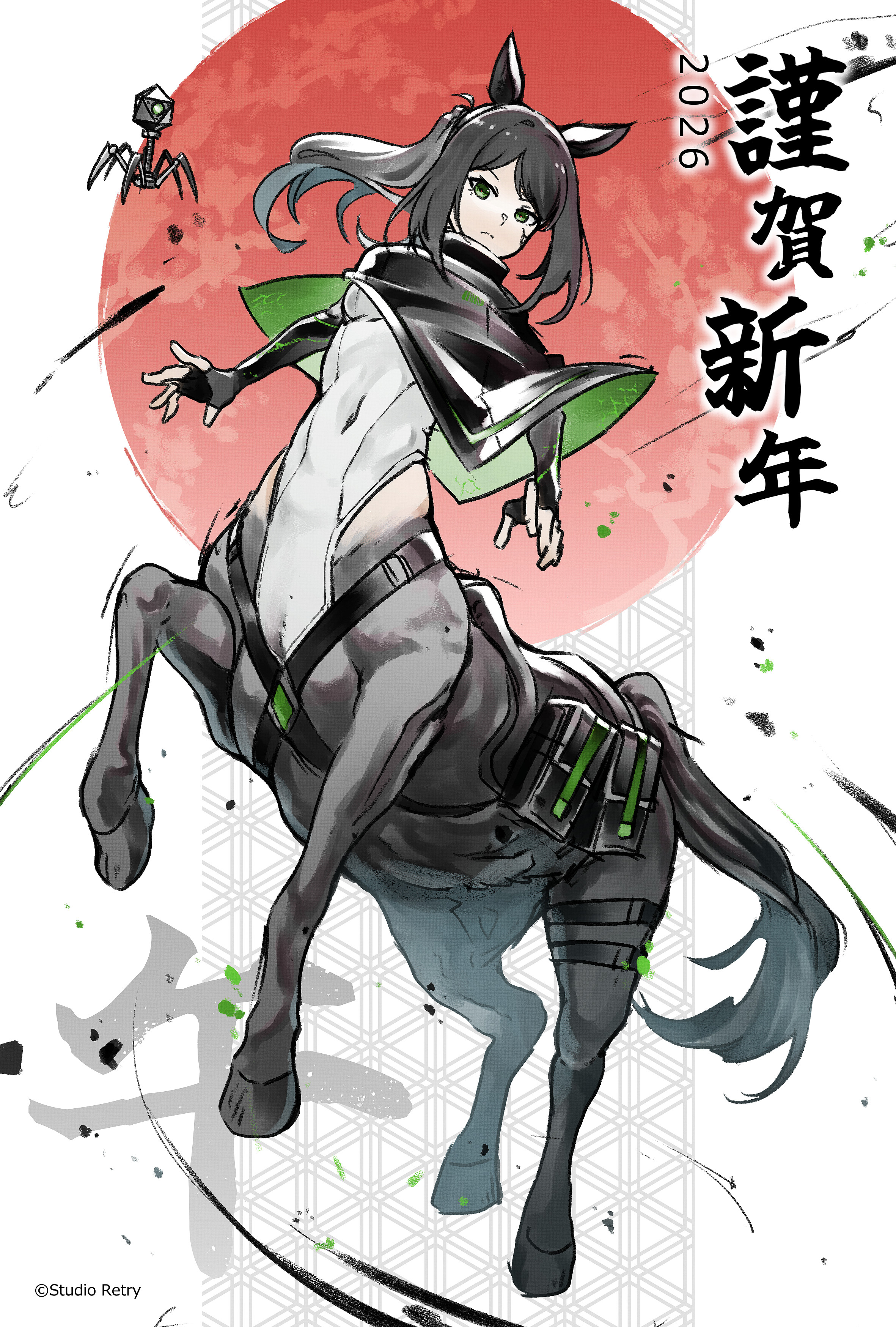 rhenium, original, absurdres, commentary request, highres, translation request, 1girl, 2026, animal ears, black cloak, black gloves, black hair, breasts, centaur, chinese zodiac, cloak, closed mouth, copyright notice, covered navel, elbow gloves, fingerless gloves, full body, gloves, green eyes, hooves, horse ears, horse tail, leotard, long hair, looking at viewer, monster girl, monsterification, multiple legs, parted bangs, ponytail, pouch, rearing, saddle, sidelocks, small breasts, solo, standing, tail, taur, thigh strap, virus, white leotard, year of the horse