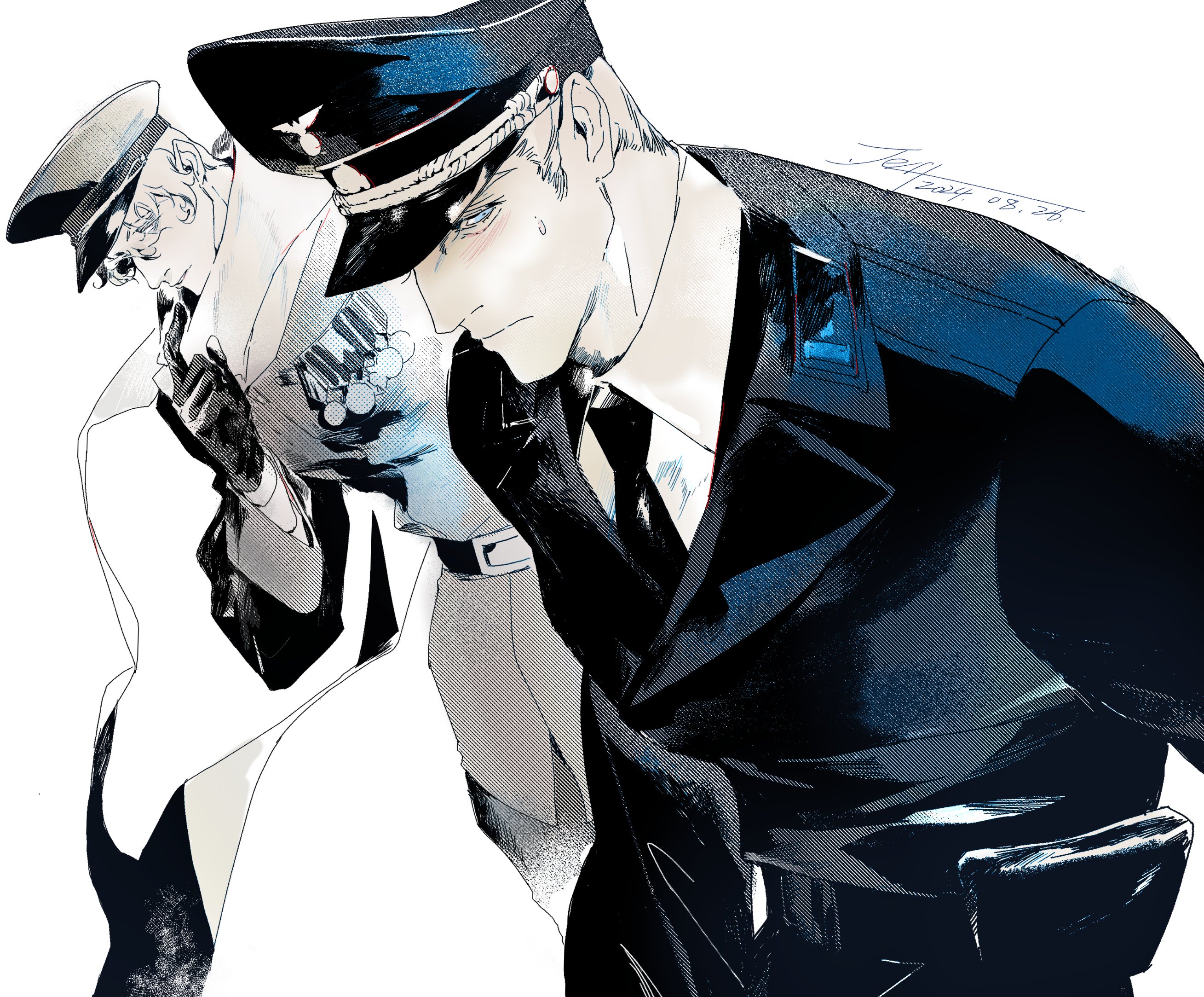 jefferage, germany (hetalia), russia (hetalia), axis powers hetalia, highres, 2boys, artist name, belt, blue eyes, blush, buttons, closed mouth, collared shirt, cowboy shot, dated, floating clothes, gloves, greyscale, hair between eyes, hand up, hat, jacket, lapels, leather, leather gloves, leather jacket, long sleeves, looking at another, looking down, male focus, medal, military, military hat, military jacket, military uniform, monochrome, multiple boys, nazi, necktie, pants, peaked cap, pocket, purple eyes, reichsadler, scarf, shirt, short hair, simple background, soviet army, standing, sweatdrop, teeth, upper body