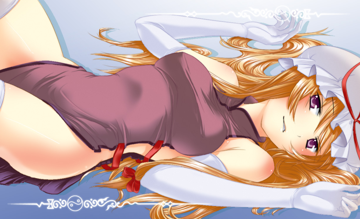 shige (st-k), yakumo yukari, touhou, jpeg artifacts, 1girl, bare shoulders, blonde hair, breasts, china dress, chinese clothes, dress, elbow gloves, female focus, gloves, hat, large breasts, long hair, lying, naked tabard, purple eyes, ribbon, solo, tabard, thighhighs, white gloves