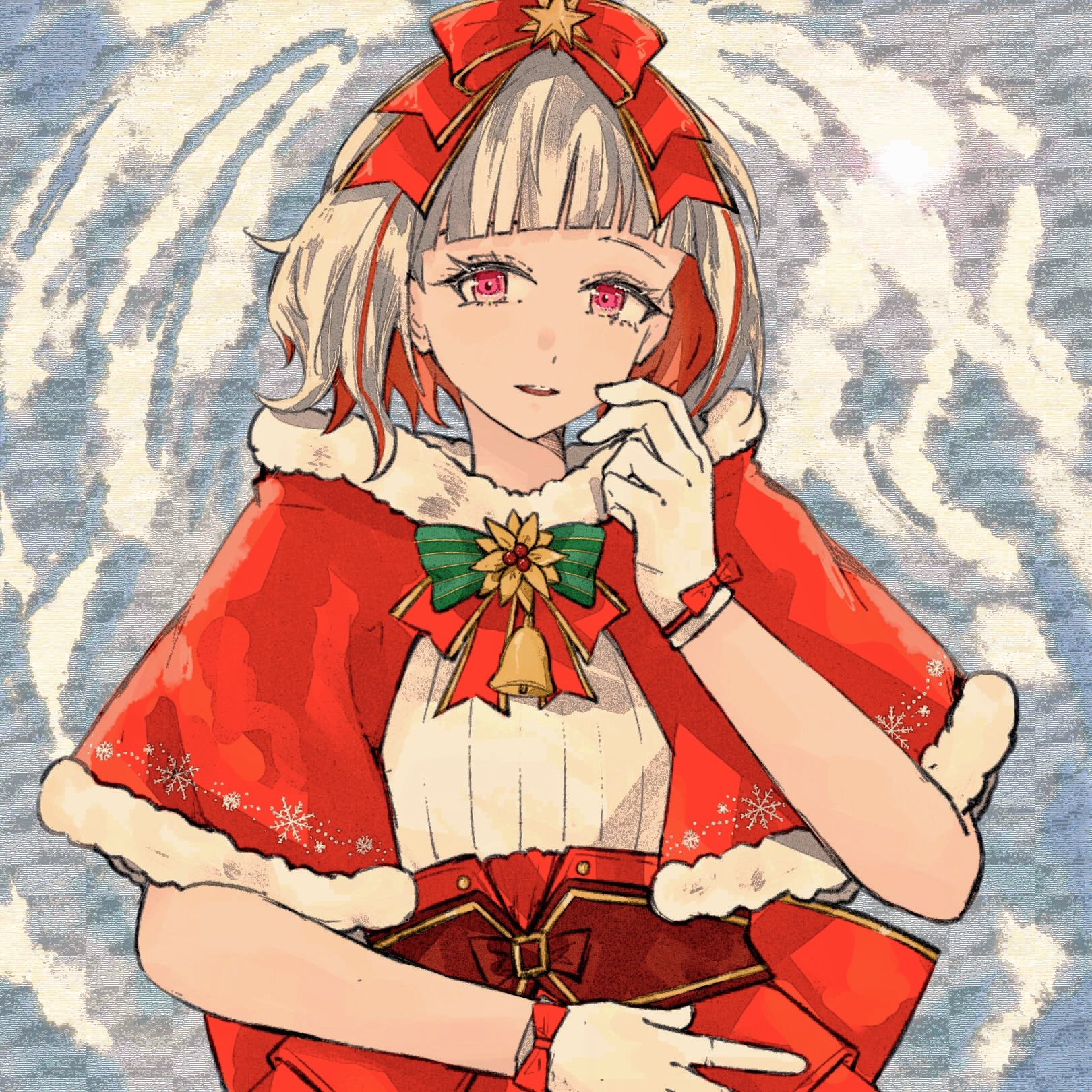 aoi (byb babylon), yugiri tsuzuri, link! like! love live!, love live!, commentary, hashtag-only commentary, highres, 1girl, :d, bow, capelet, colored inner hair, diagonal bangs, fur-trimmed capelet, fur trim, gloves, hair bow, looking at viewer, multicolored hair, open mouth, pink eyes, red bow, red capelet, red hair, red skirt, red streaks, secret christmas (love live!), shirt, skirt, smile, solo, streaked hair, upper body, virtual youtuber, white gloves, white hair, white shirt