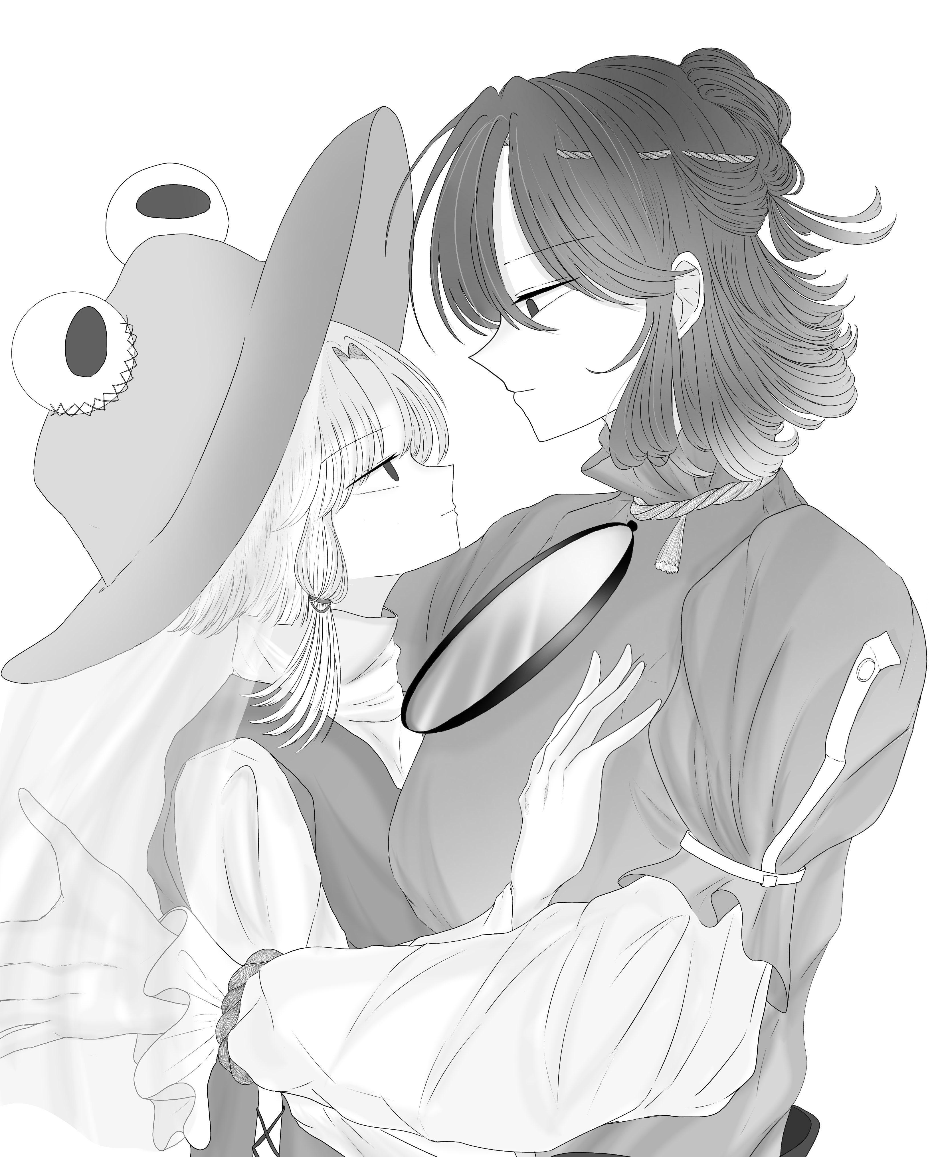 moriya suwako, yasaka kanako, touhou, absurdres, highres, 2girls, detached sleeves, greyscale, hair bun, hat, height difference, medium hair, monochrome, multiple girls, nanoki no, shirt, short sleeves, single hair bun, vest, wide brim, yuri