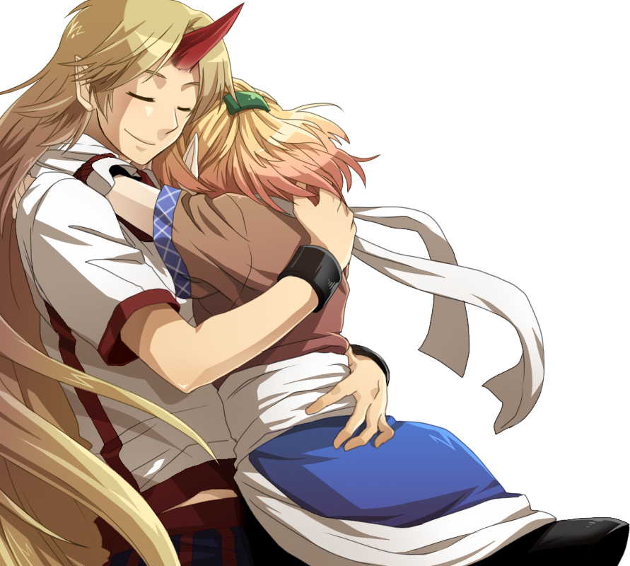 re ghotion, hoshiguma yuugi, mizuhashi parsee, touhou, 2girls, arm warmers, back, blonde hair, closed eyes, cuffs, female focus, half updo, happy, horns, hug, long hair, multiple girls, oni, pointy ears, scarf, shackles, short hair, short sleeves, simple background, single horn, smile, yuri