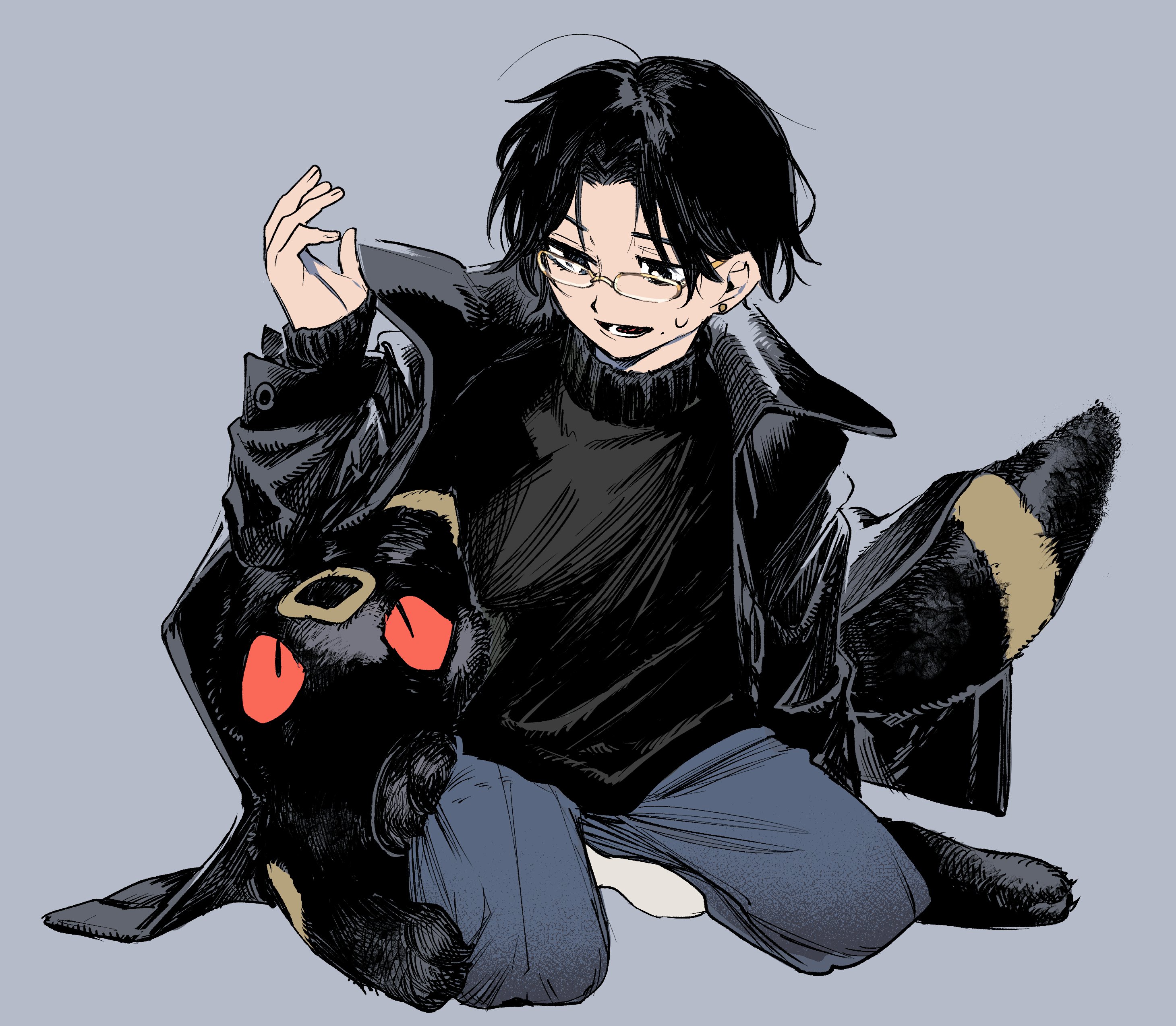 newo (shinra-p), umbreon, nintendo, pokemon, absurdres, highres, 1boy, black fur, black hair, black jacket, black sweater, earrings, facial mark, forehead mark, full body, gen 2 pokemon, glasses, grey background, grey pants, jacket, jewelry, kneeling, looking at another, male focus, open mouth, pants, pokemon (creature), red eyes, simple background, sweatdrop, sweater, yellow fur