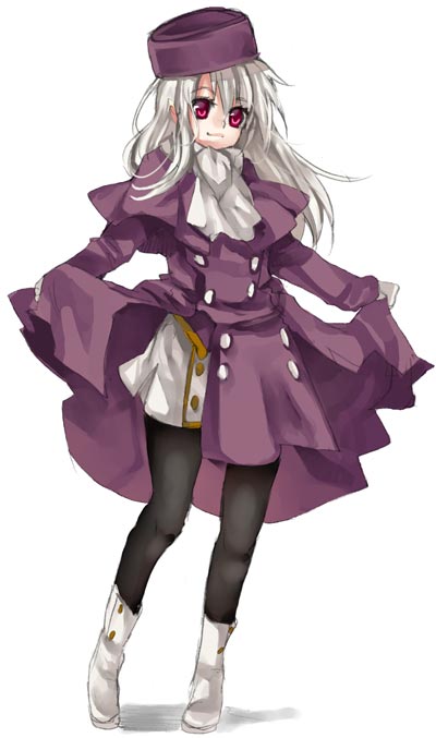 tenkuu sphere, illyasviel von einzbern, fate/stay night, fate (series), 00s, 1girl, albino, boots, dress, female focus, full body, fur hat, hat, pantyhose, purple hat, red eyes, shadow, skirt, smile, solo, white background, white hair
