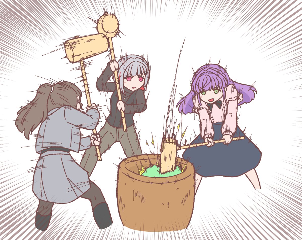 shiroyama-san, fujishima megumi, fujishima megumi (post-graduation), otomune kozue, otomune kozue (post-graduation), yugiri tsuzuri, yugiri tsuzuri (post-graduation), link! like! love live!, love live!, commentary request, 3girls, black boots, black pantyhose, black skirt, black sweater, boots, braid, brown hair, colored inner hair, crown braid, emphasis lines, formal clothes, green eyes, grey hair, grey jacket, grey pants, grey skirt, holding, holding mallet, jacket, kine, knee boots, long hair, mallet, medium skirt, miniskirt, mochitsuki, mortar (bowl), motion lines, multicolored hair, multiple girls, open clothes, open jacket, pants, pantyhose, pink eyes, pink shirt, pleated skirt, ponytail, purple hair, red hair, red streaks, shirt, short hair, sidelocks, simple background, skirt, skirt suit, speed lines, streaked hair, suit, sweater, v-shaped eyebrows, virtual youtuber, white background
