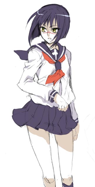 tenkuu sphere, tsumura tokiko, busou renkin, 00s, 1girl, black hair, blue sailor collar, female focus, flat chest, legs, sailor collar, scar, school uniform, short hair, skirt, solo, yellow eyes