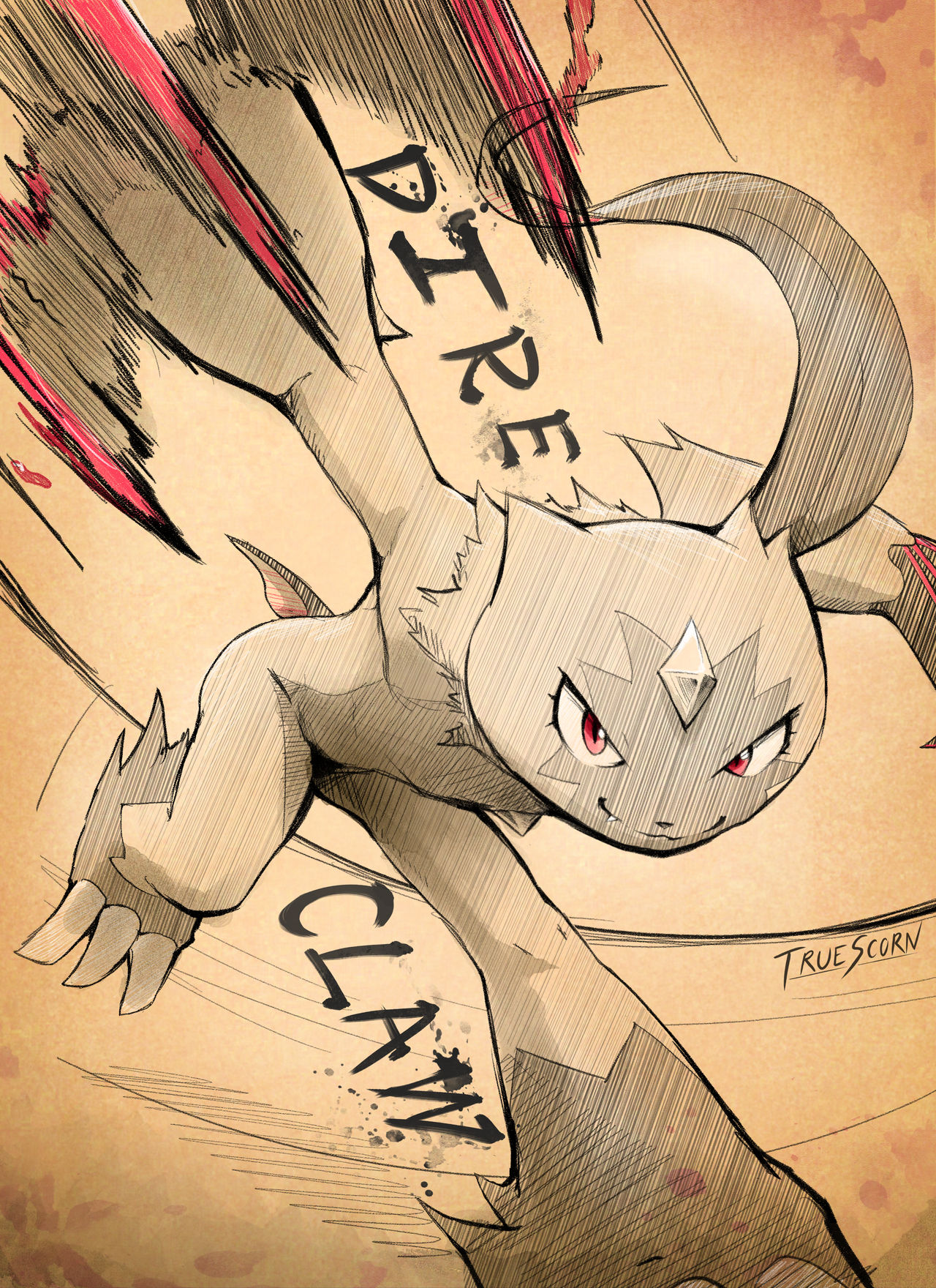 truescorn, sneasler, nintendo, pokemon, commentary, english commentary, highres, artist name, claws, closed mouth, dire claw (pokemon), english text, eyelashes, fang, forehead jewel, hatching (texture), motion blur, pokemon (creature), pokemon focus, pokemon move, red eyes, slashing, smile, solo, v-shaped eyes