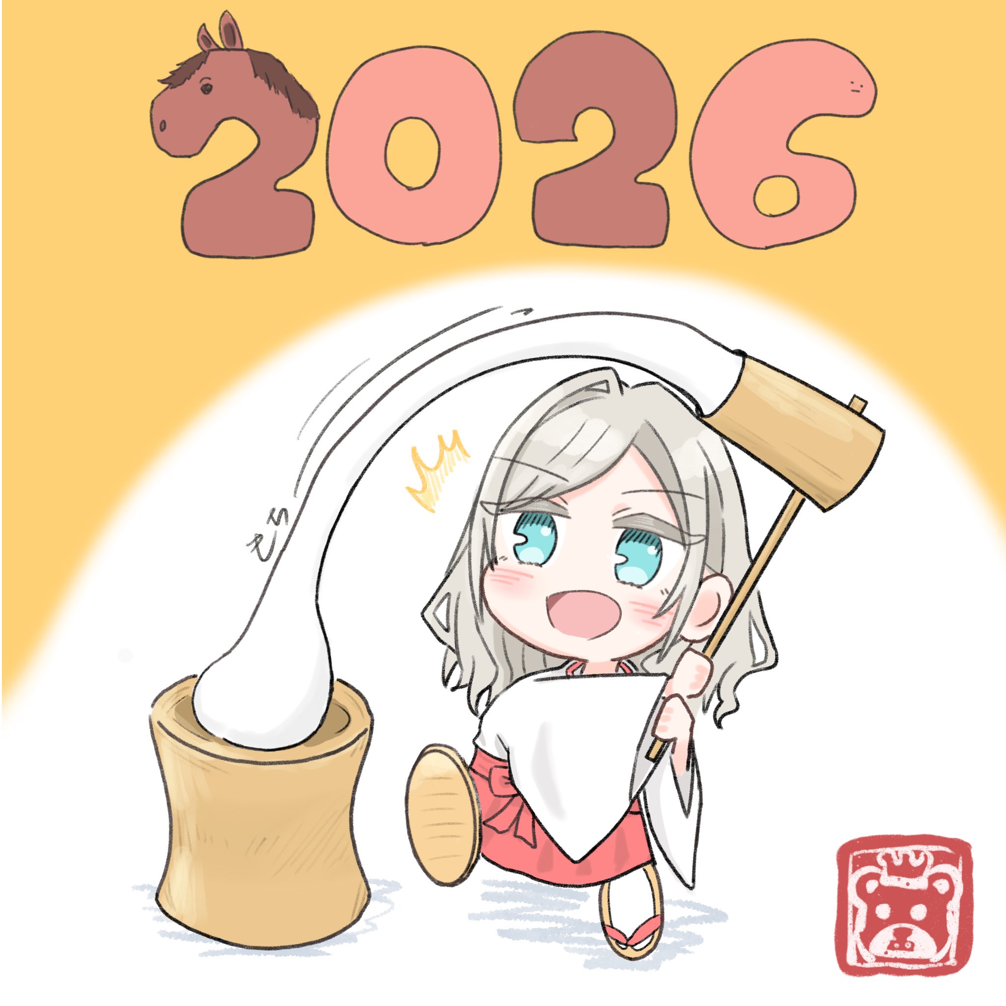 ceras yanagida lilienfeld, link! like! love live!, love live!, commentary request, highres, 1girl, 2026, :d, blue eyes, character logo, chibi, chibi only, food, full body, grey hair, hakama, hakama skirt, japanese clothes, kimono, kubo (arachi ll), leg up, long hair, miko, mochi, mochitsuki, open mouth, red hakama, sandals, single hair intake, skirt, smile, socks, solo, tabi, virtual youtuber, white kimono, white socks, yellow background, zouri