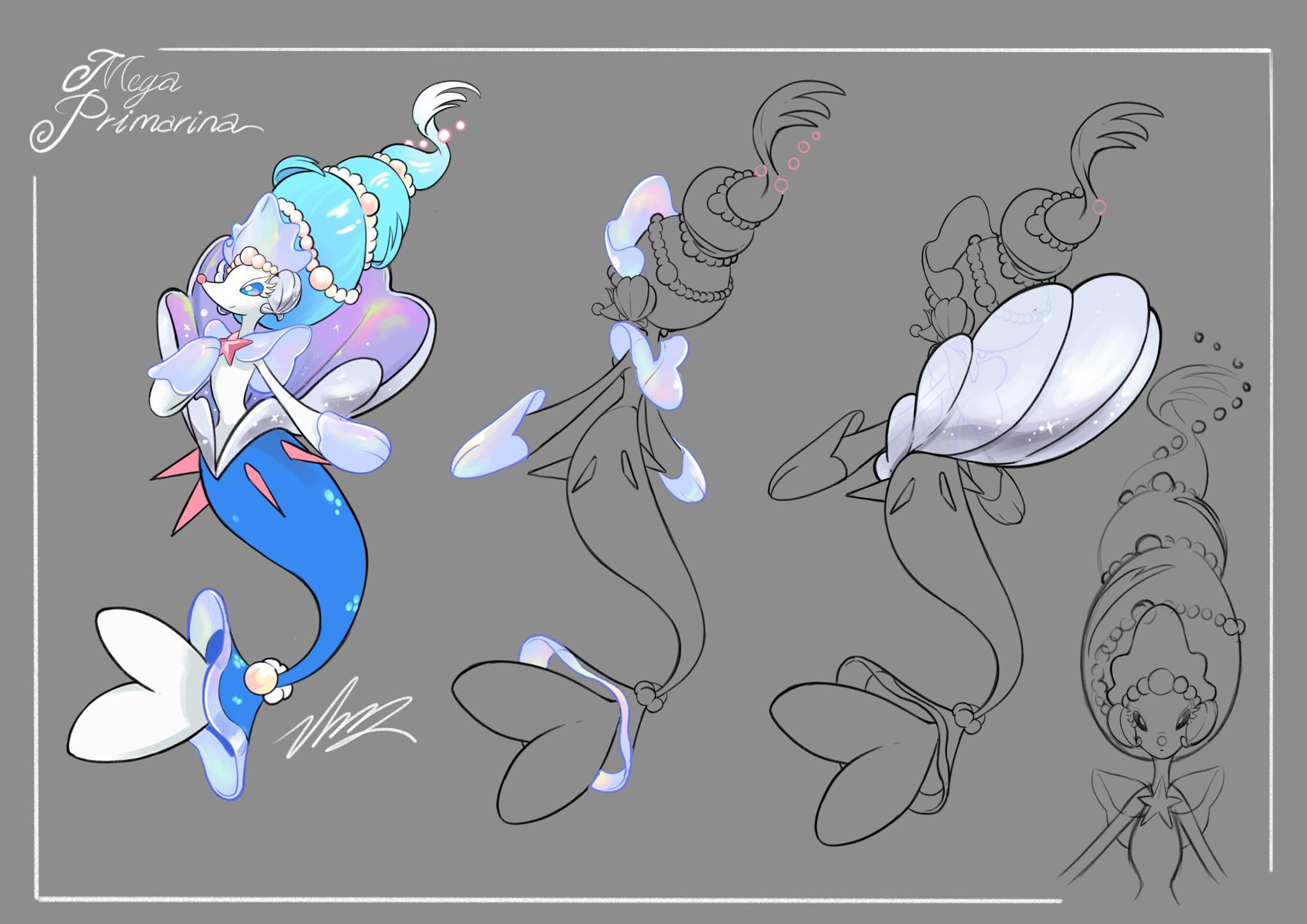 blawn z, primarina, nintendo, pokemon, pokemon legends: z-a, commentary, english commentary, highres, 1other, blue eyes, character name, clam, fakemon, fins, full body, gen 7 pokemon, high ponytail, long eyelashes, long hair, mega pokemon, mermaid, monster girl, multiple views, no humans, no pupils, pearl hair ornament, pokemon (creature), pokemon focus, ponytail, reference sheet, starfish, tail, tiara, very long hair, white fur